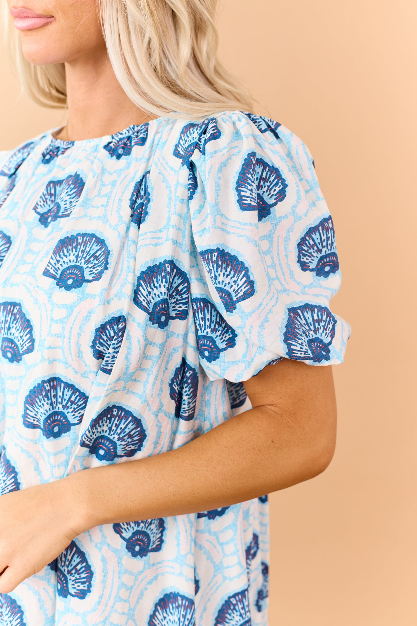 Azure Shell Pattern Puff Sleeve Relaxed Mini Dress