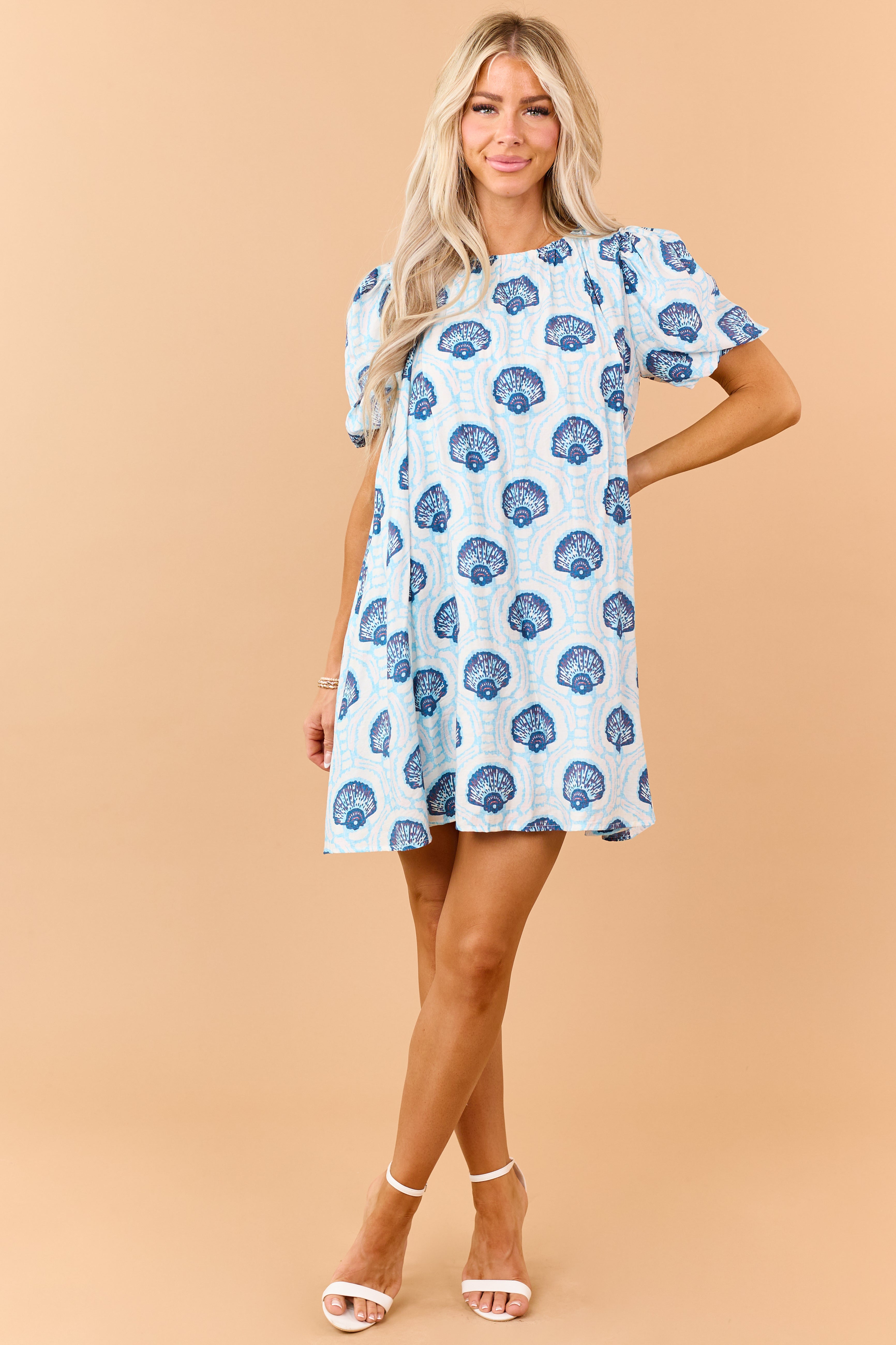 Azure Shell Pattern Puff Sleeve Relaxed Mini Dress