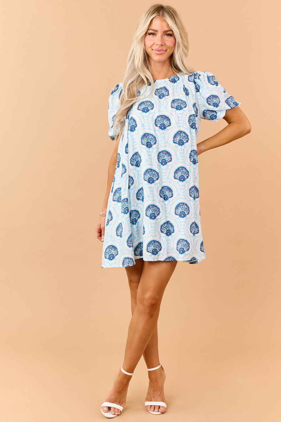Azure Shell Pattern Puff Sleeve Relaxed Mini Dress