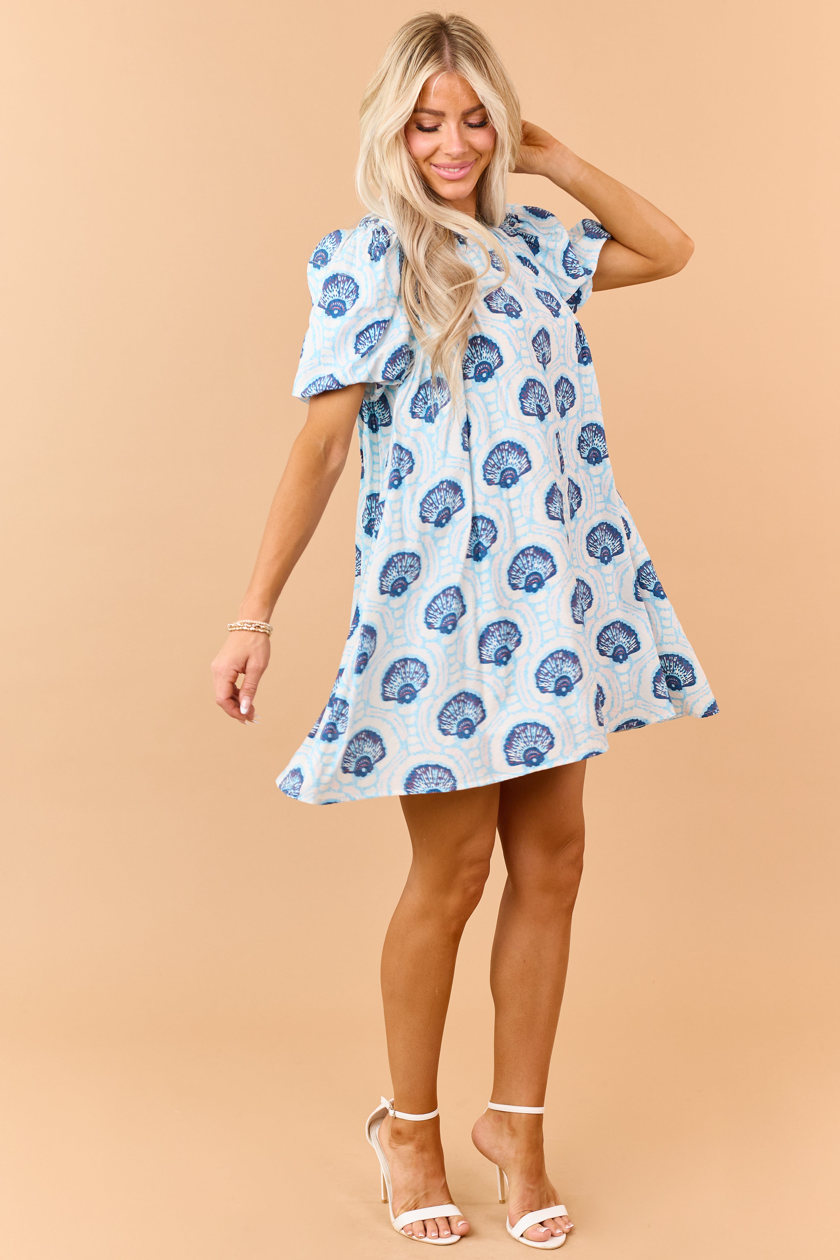 Azure Shell Pattern Puff Sleeve Relaxed Mini Dress