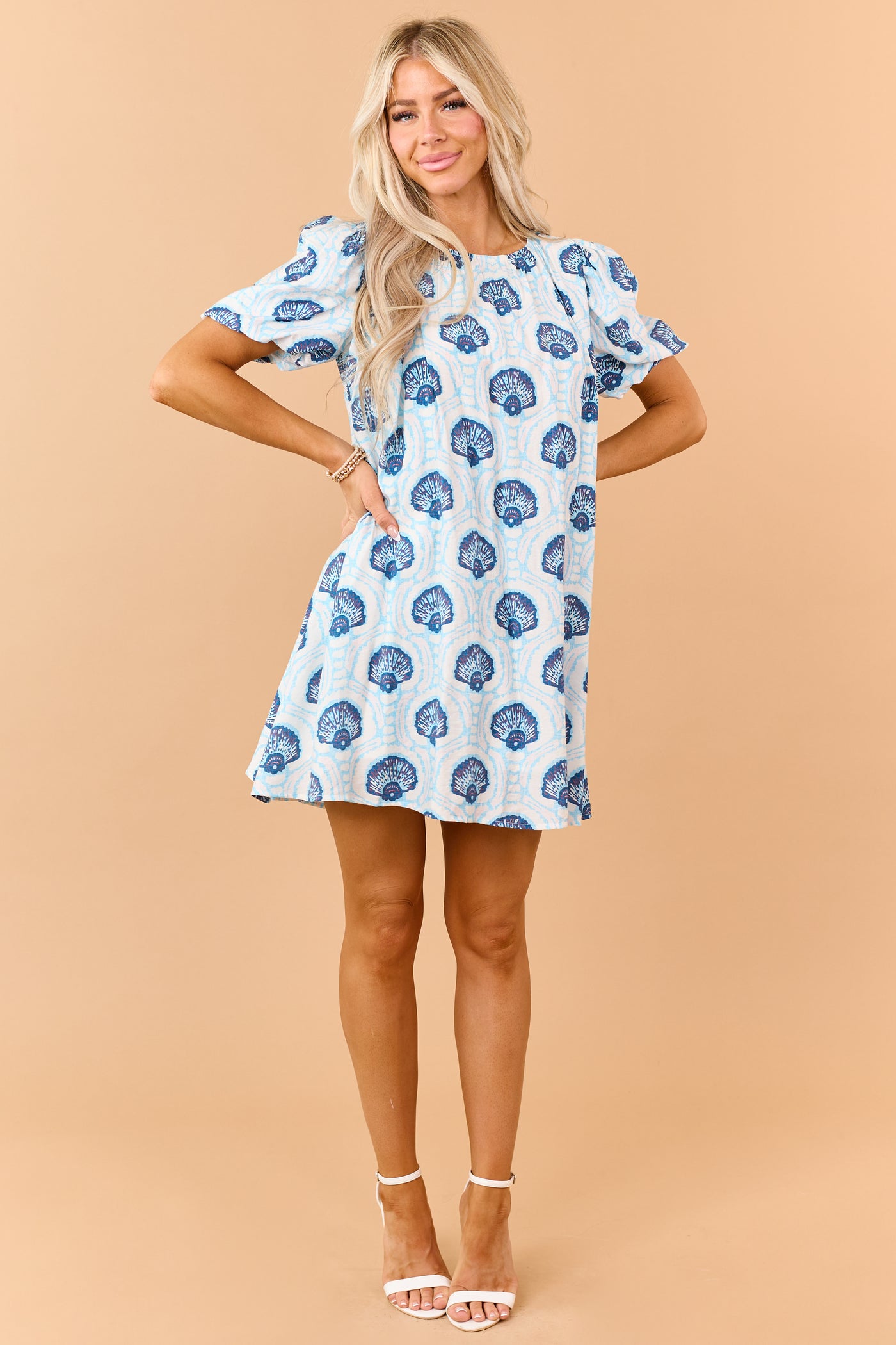 Azure Shell Pattern Puff Sleeve Relaxed Mini Dress