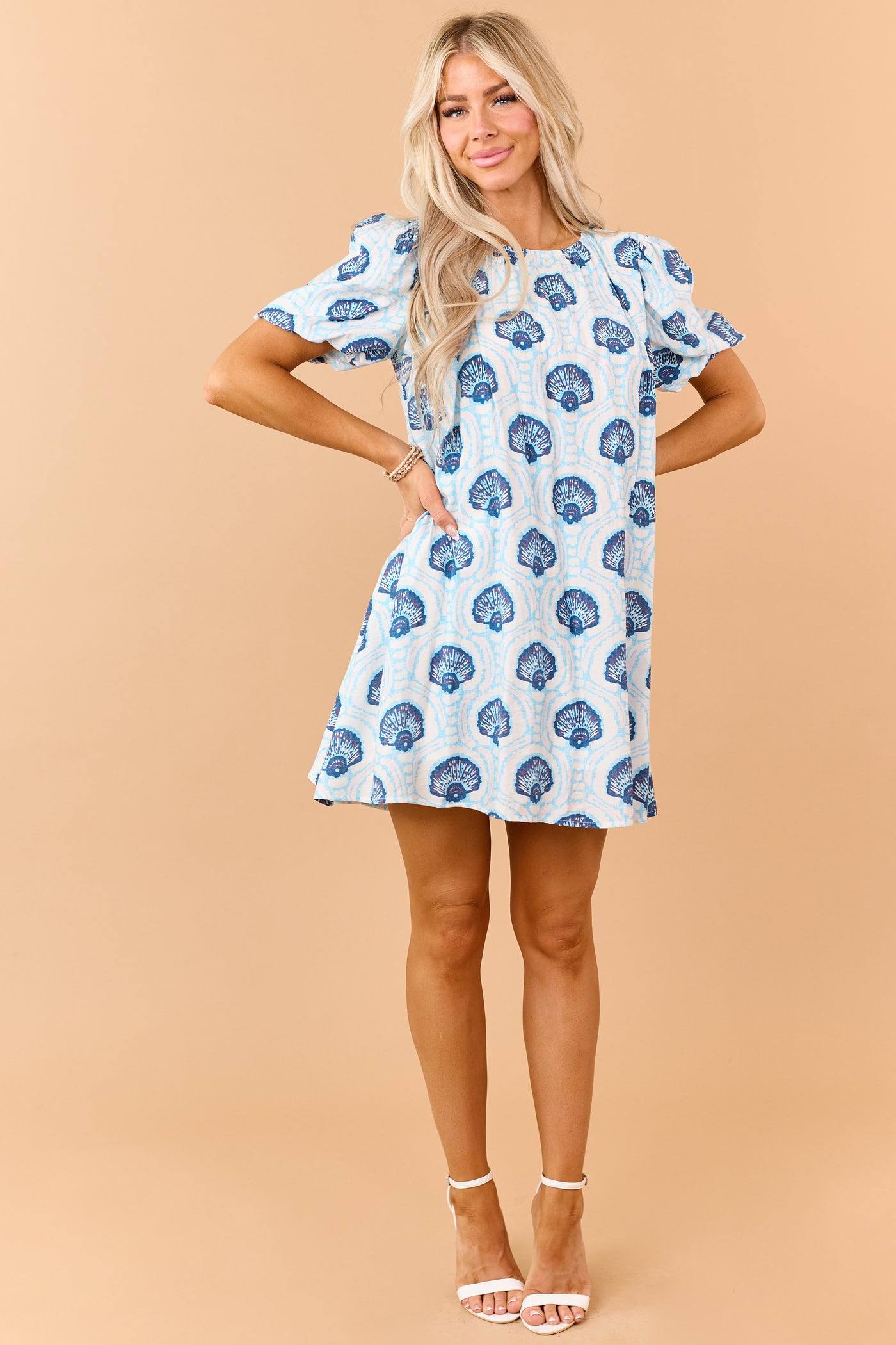Azure Shell Pattern Puff Sleeve Relaxed Mini Dress