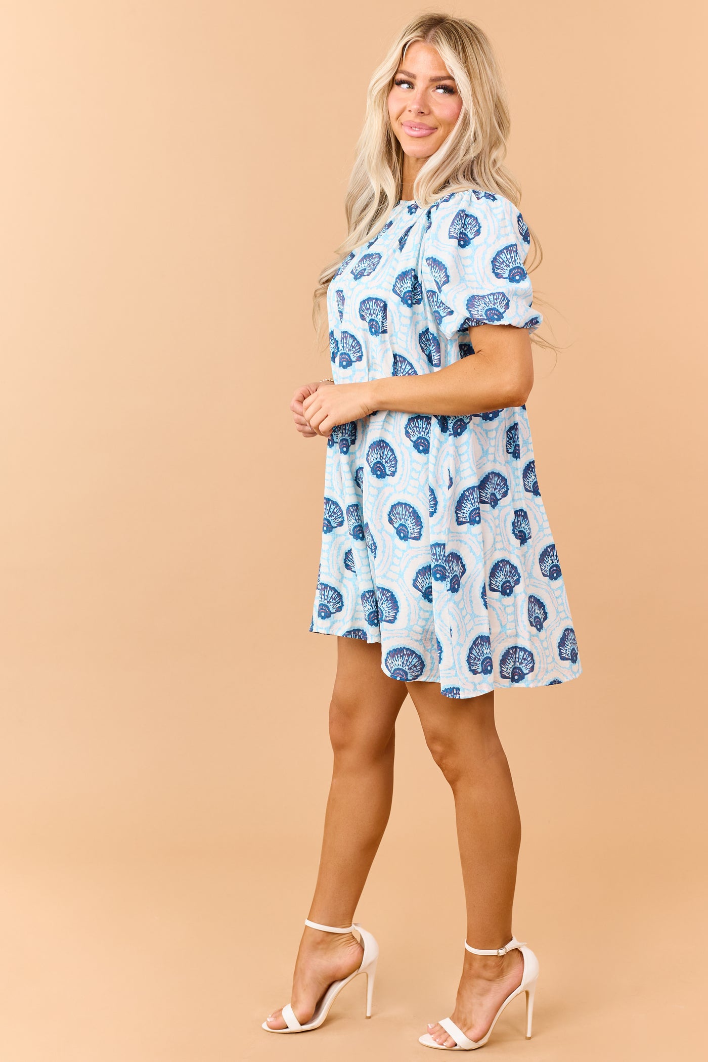Azure Shell Pattern Puff Sleeve Relaxed Mini Dress