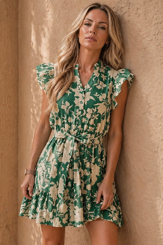 Flying Tomato Kelly Green Floral Cotton Short Dress Flying Tomato Kelly Green Floral Cotton Short Dress