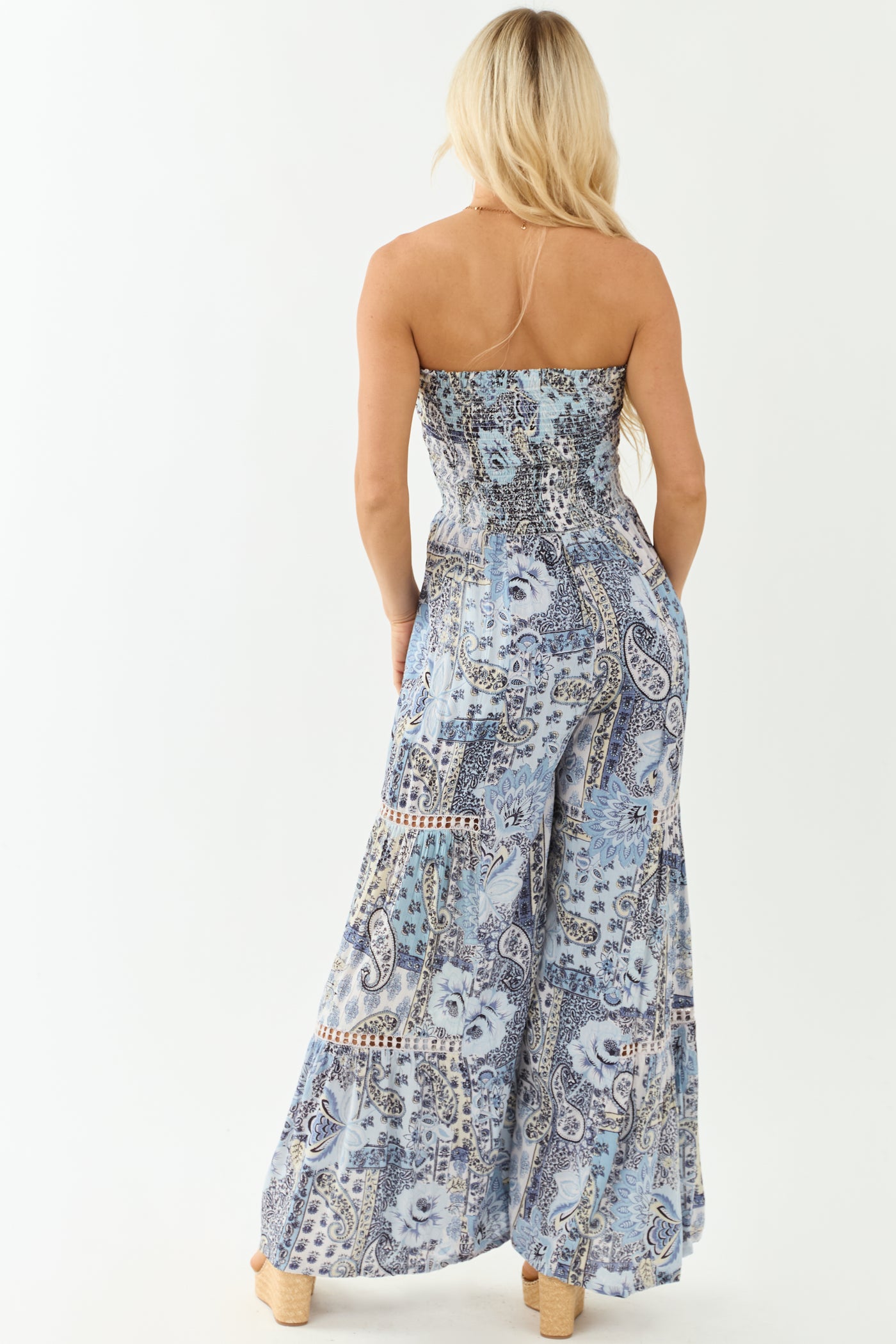 Baby Blue Paisley Print Strapless Smocked Jumpsuit