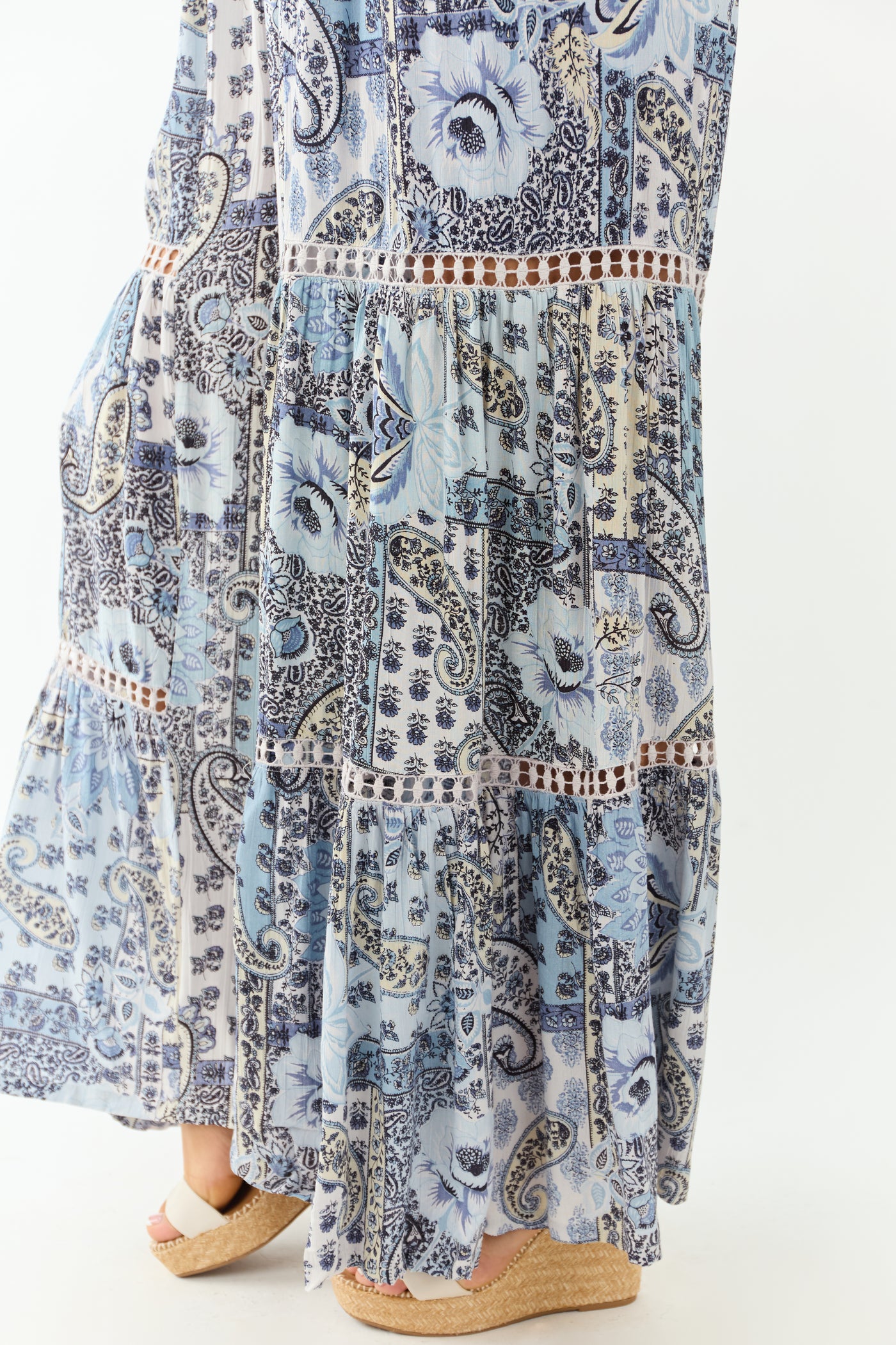Baby Blue Paisley Print Strapless Smocked Jumpsuit