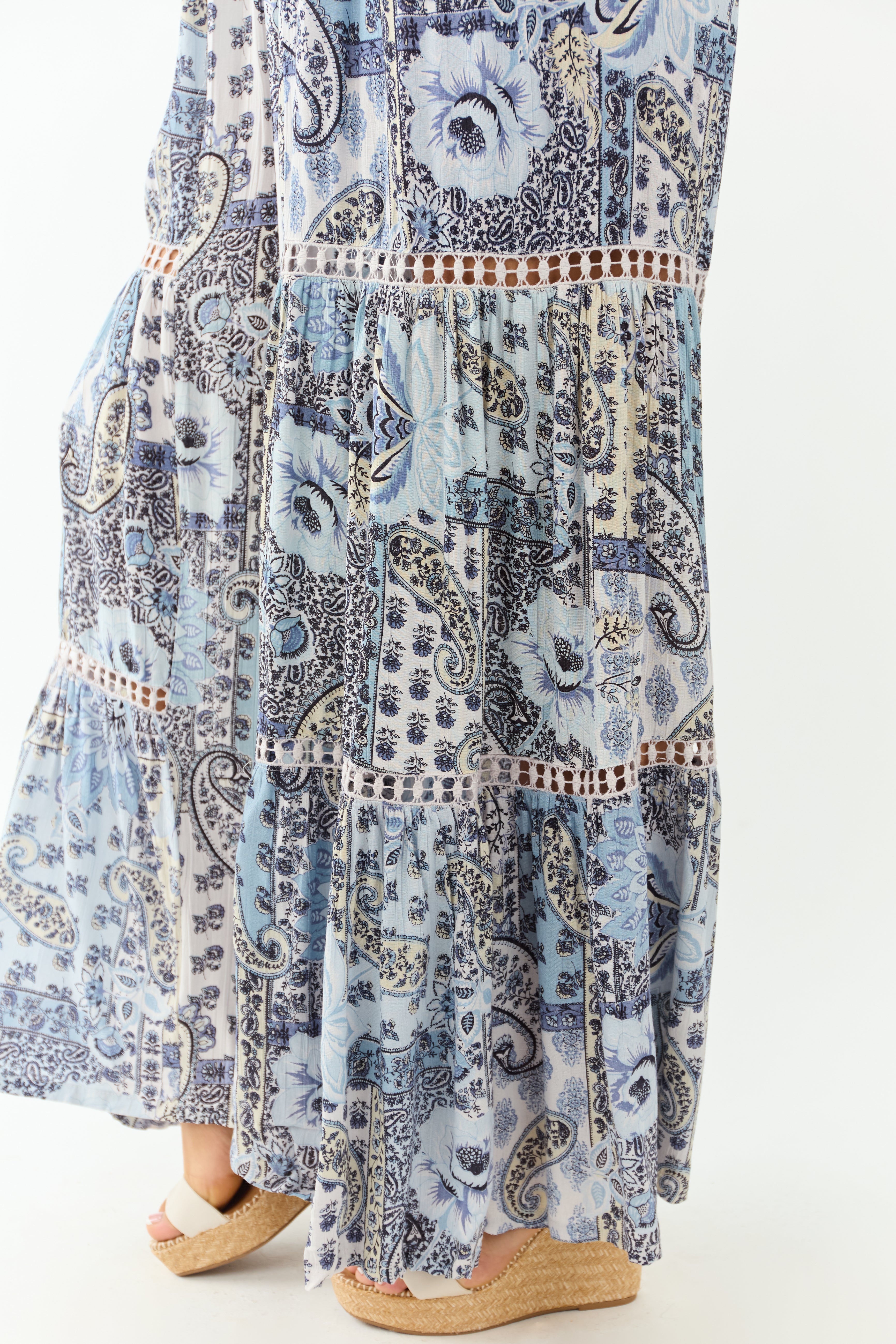 Baby Blue Paisley Print Strapless Smocked Jumpsuit
