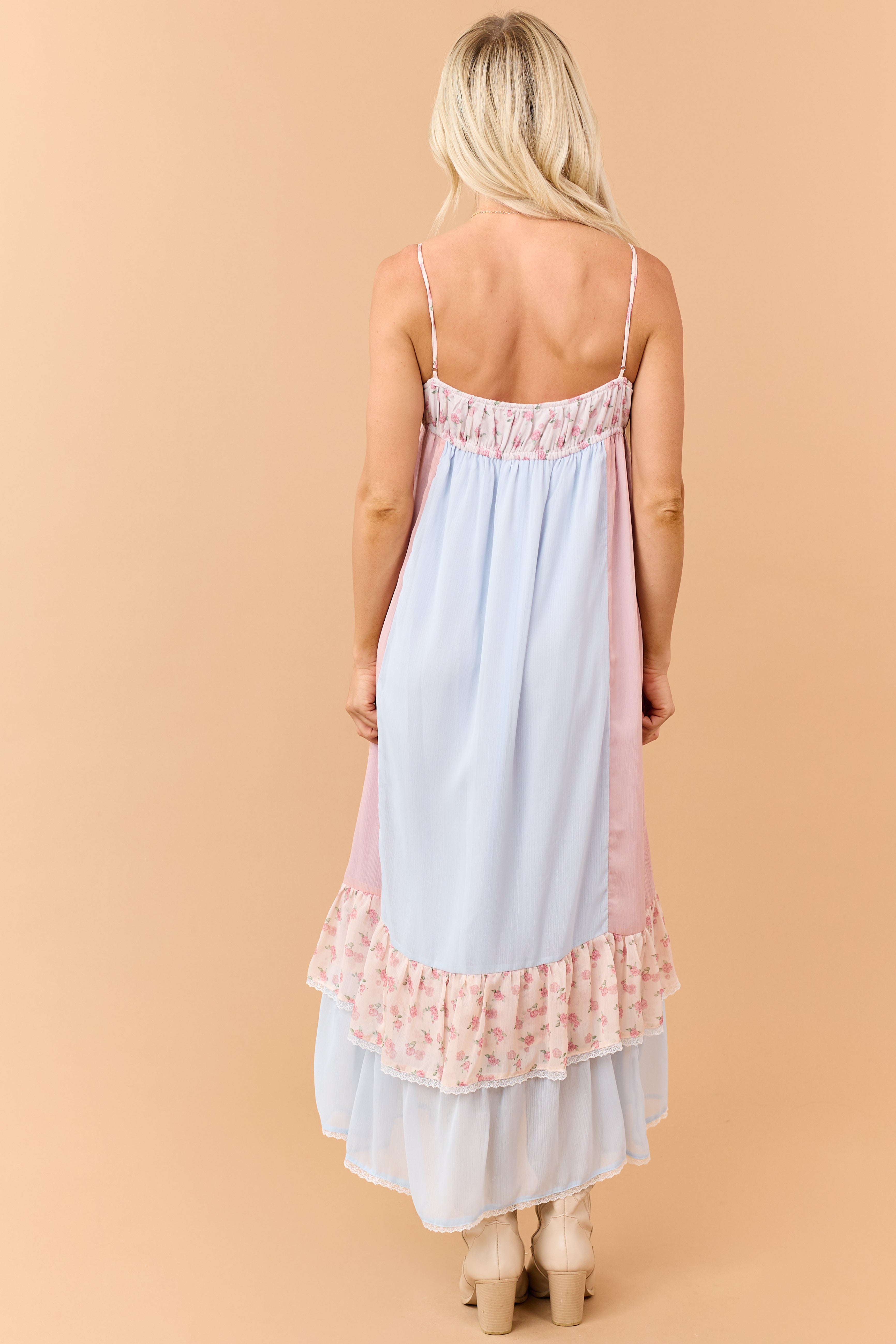 Baby Blue Colorblock Chiffon Floral Maxi Dress