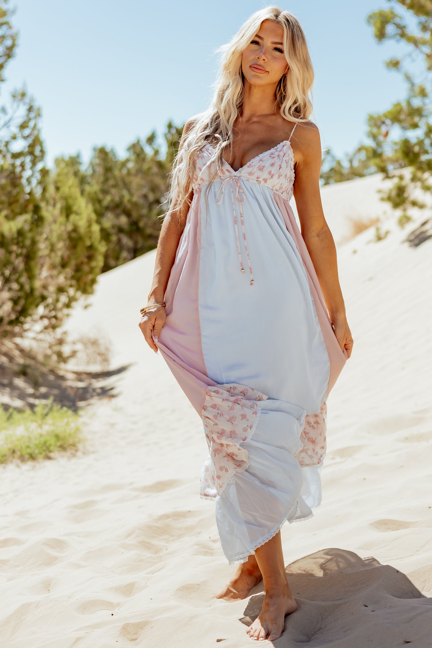 Baby Blue Colorblock Chiffon Floral Maxi Dress