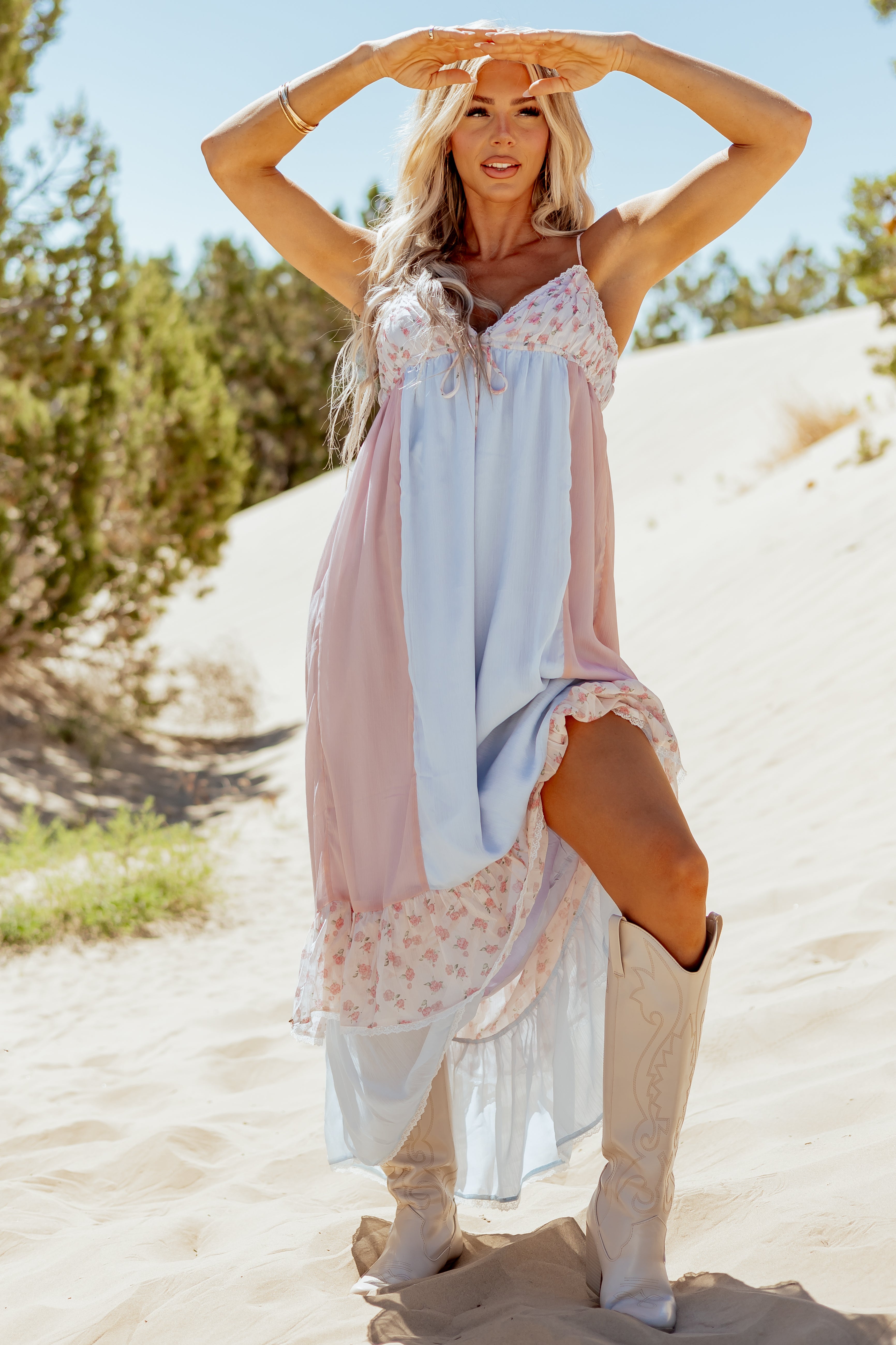 Baby Blue Colorblock Chiffon Floral Maxi Dress