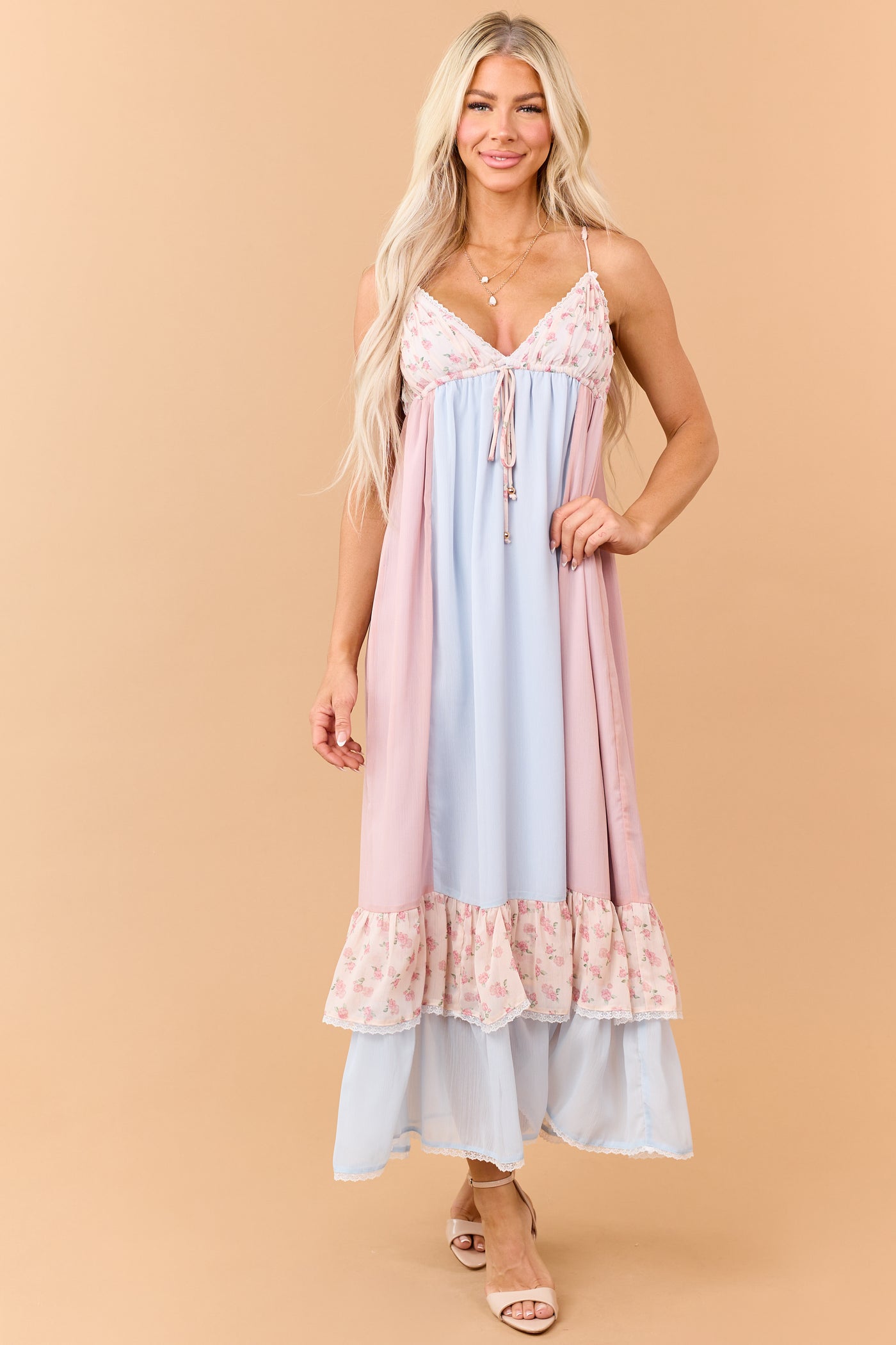 Baby Blue Colorblock Chiffon Floral Maxi Dress
