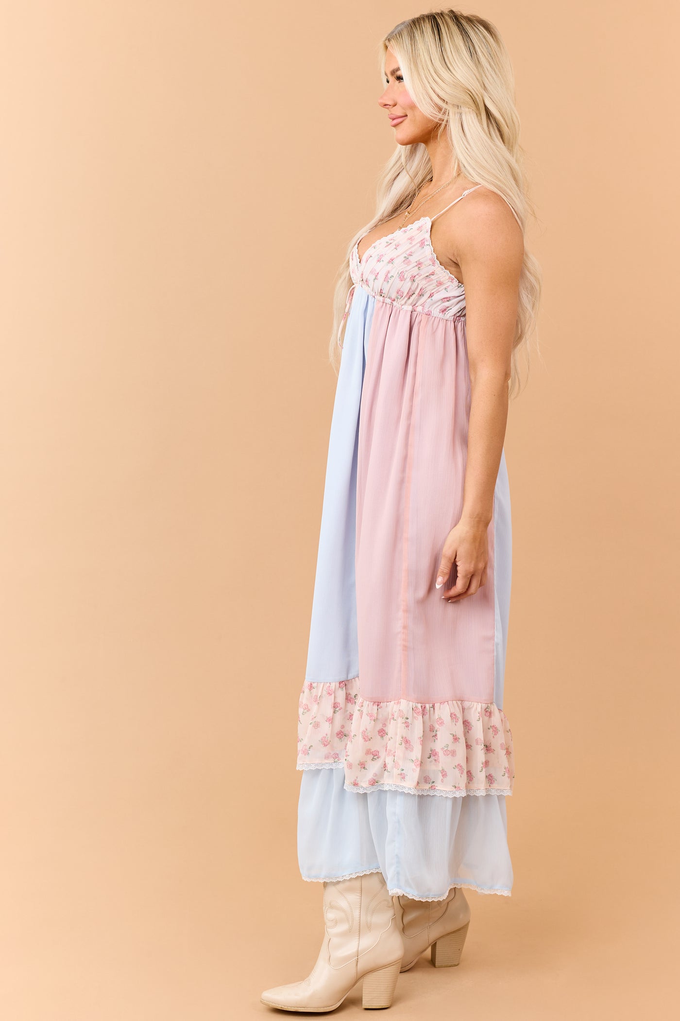 Baby Blue Colorblock Chiffon Floral Maxi Dress