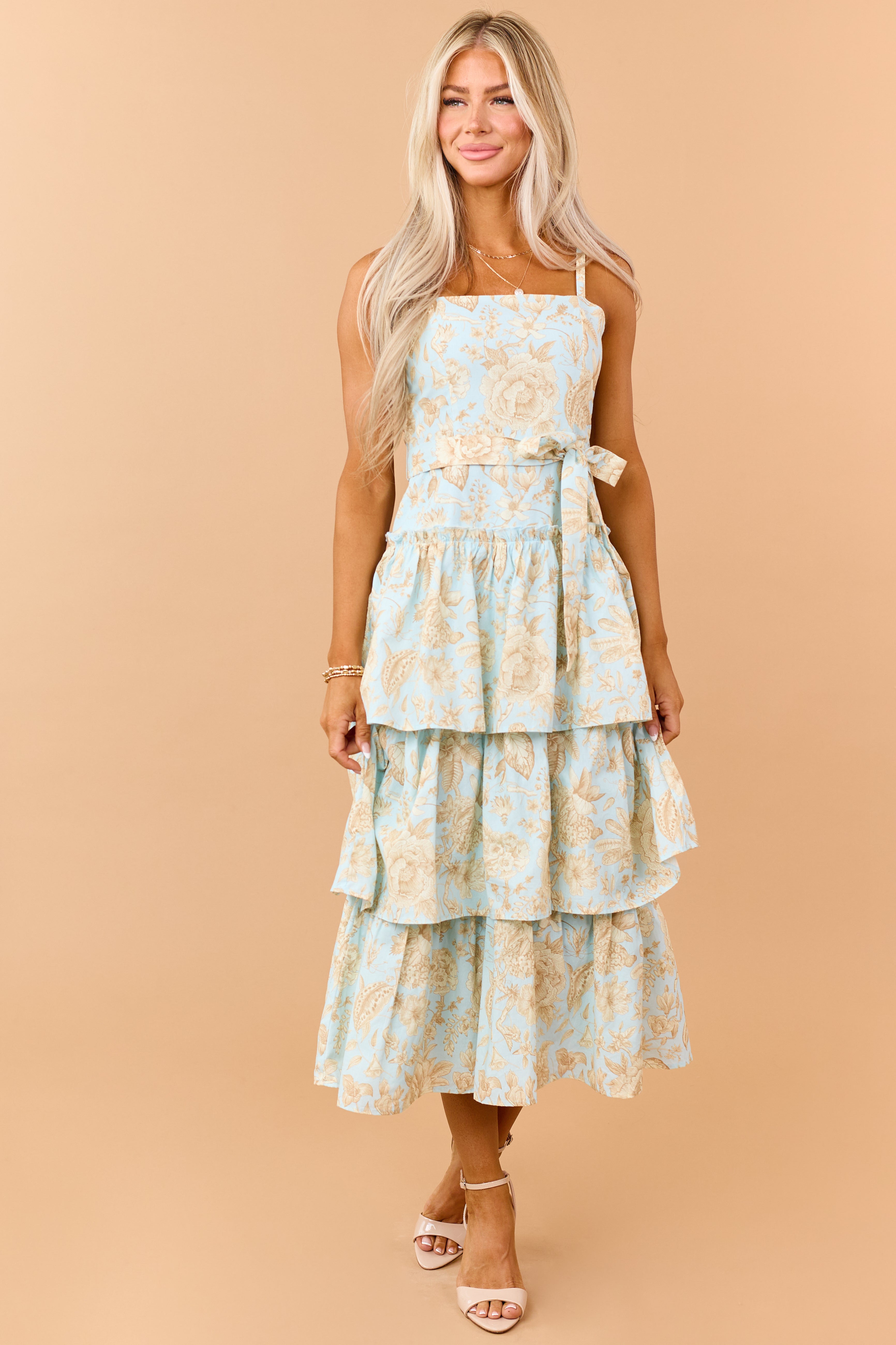 sleeveless ruffle neck midi dress in liberty chamomile floral Women's Floral Appliqu Tiered Ruffle High-Low Midi Dress (Women)