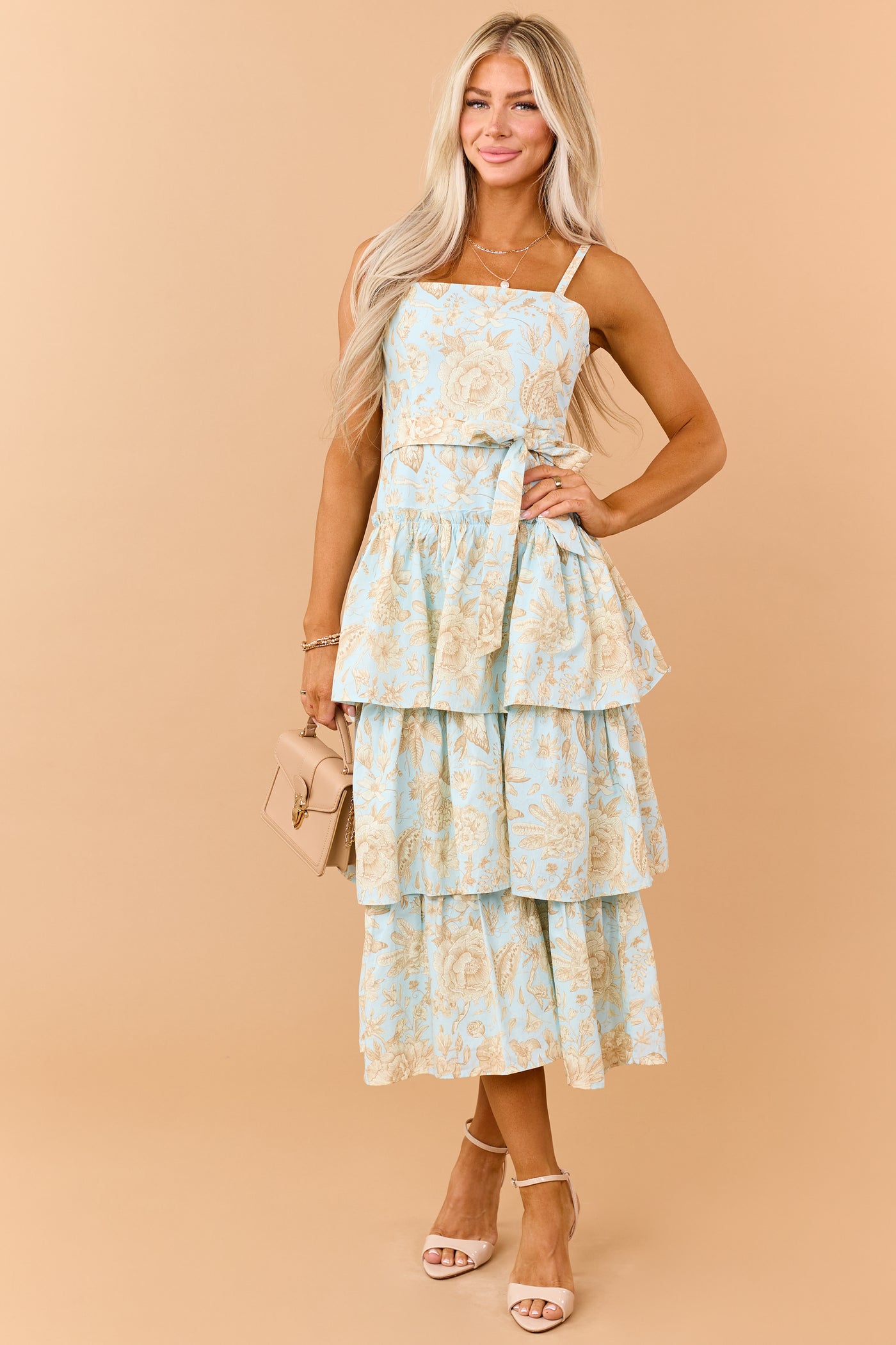 Baby Blue Cotton Floral Print Sleeveless Midi Dress