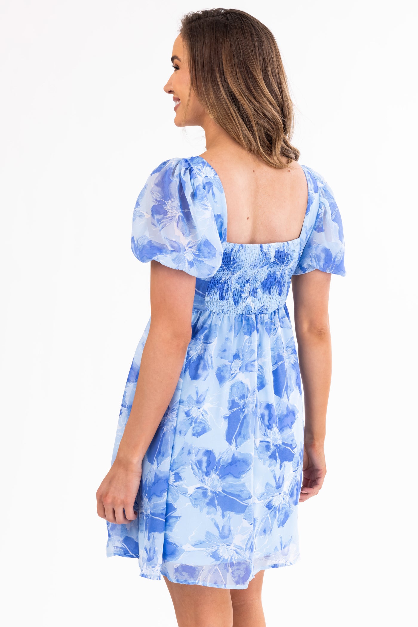 Baby Blue Floral Print Babydoll Short Dress