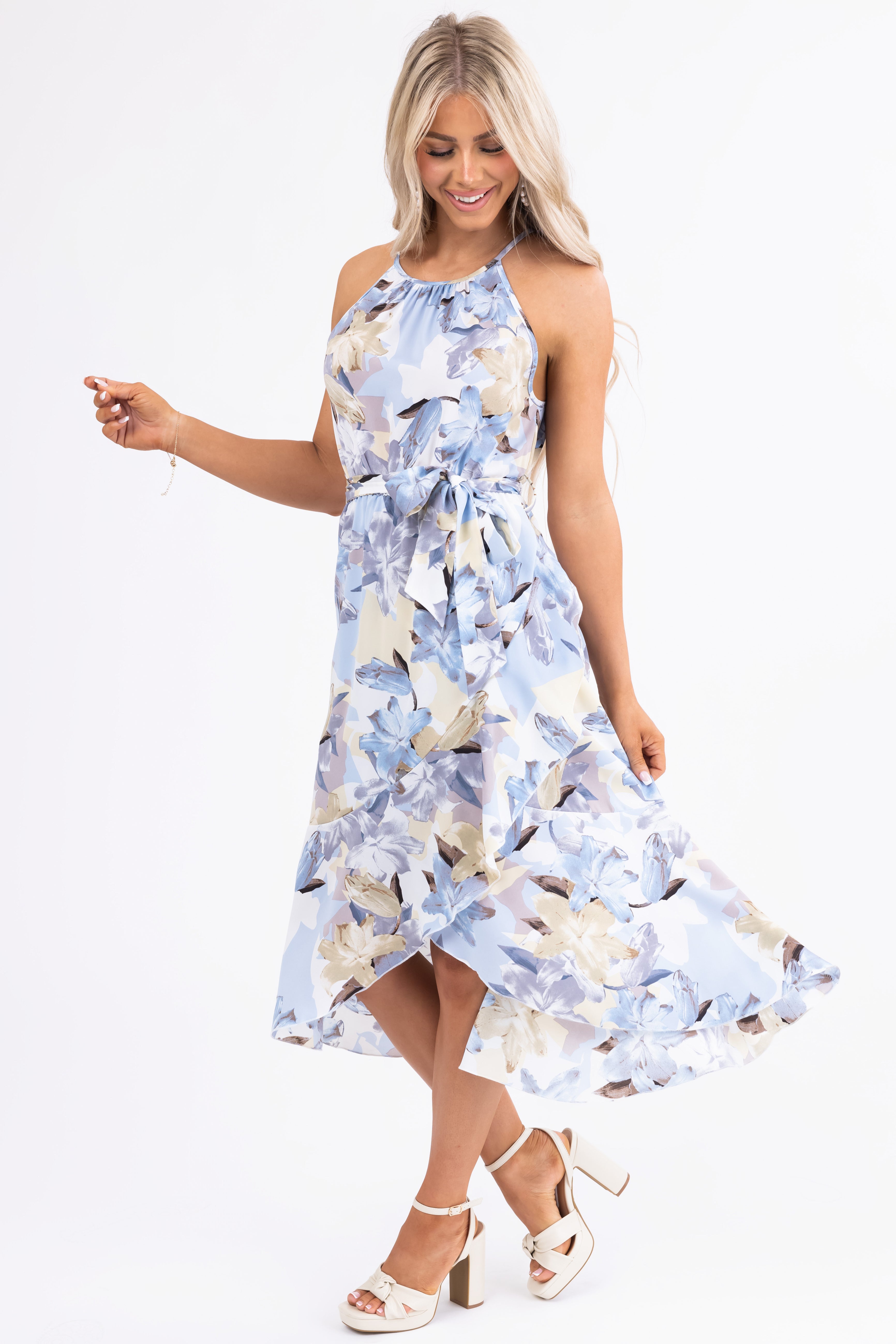 Baby Blue Floral Print Halter Midi Dress - S Baby Blue Floral Print Halter Midi Dress - S