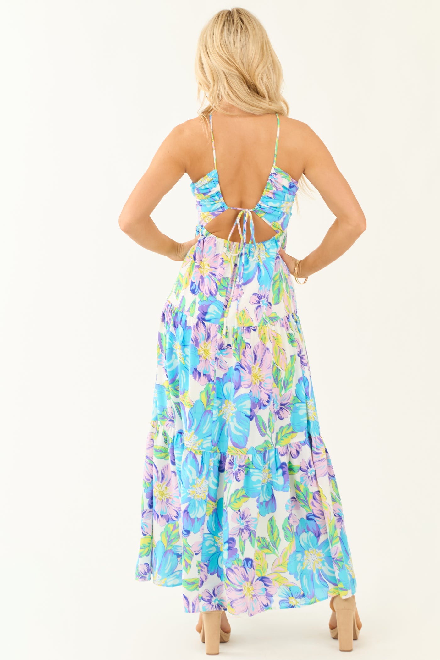 Baby Blue Floral Print Halter Neck Maxi Dress Baby Blue Floral Print Halter Neck Maxi Dress