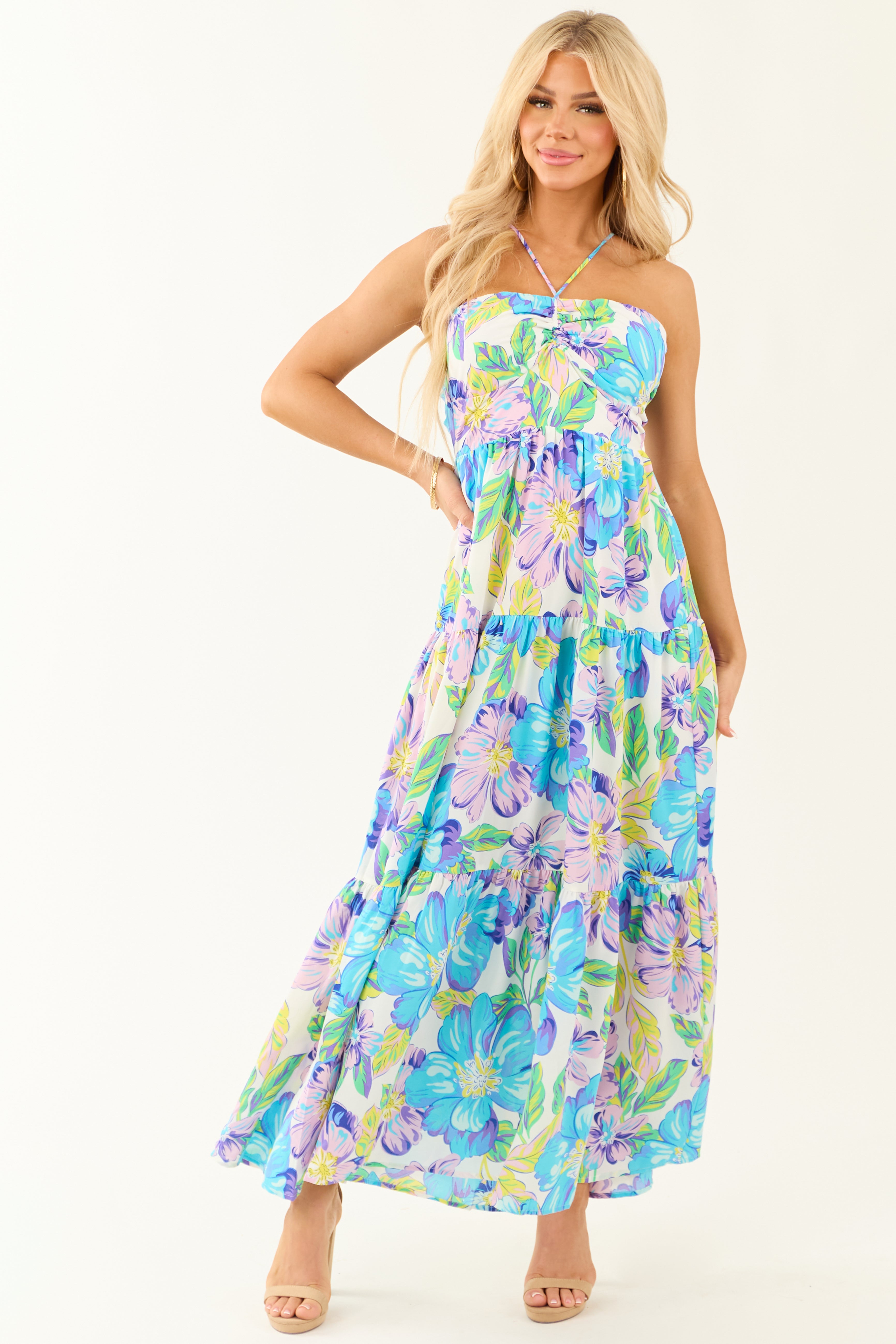 Baby Blue Floral Print Halter Neck Maxi Dress Baby Blue Floral Print Halter Neck Maxi Dress