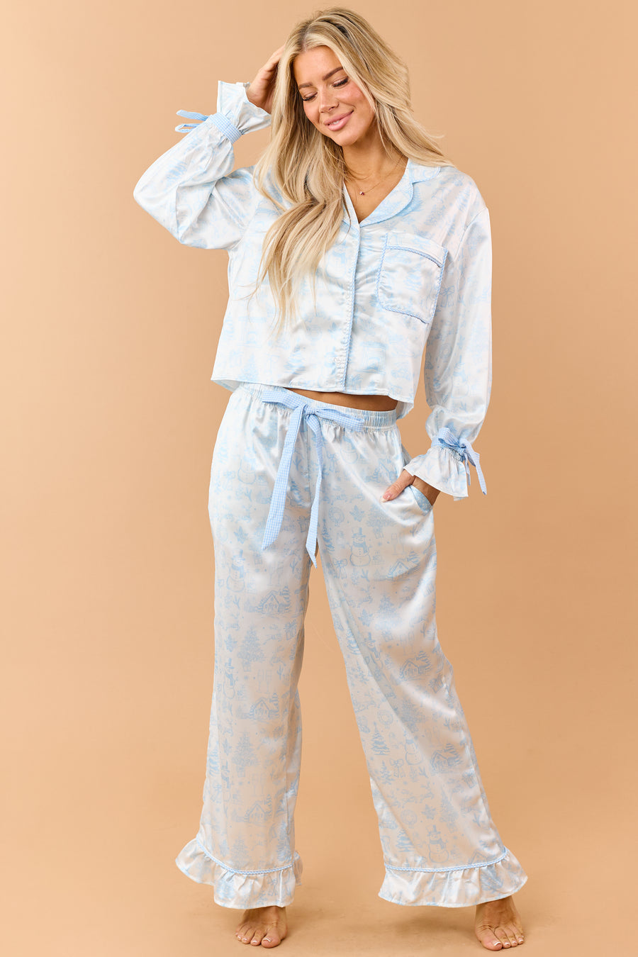 Baby Blue Satin Winter Holiday Pattern Pajama Set