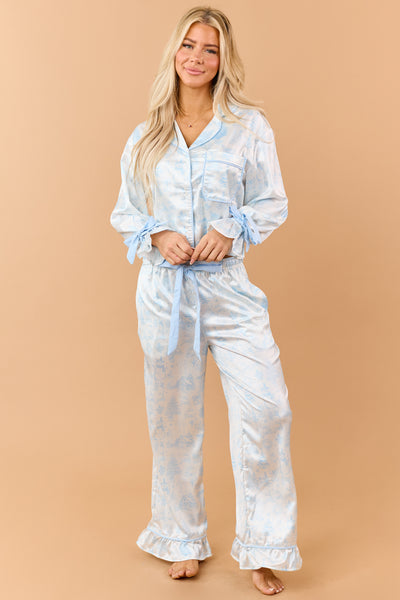 Baby Blue Satin Winter Holiday Pattern Pajama Set