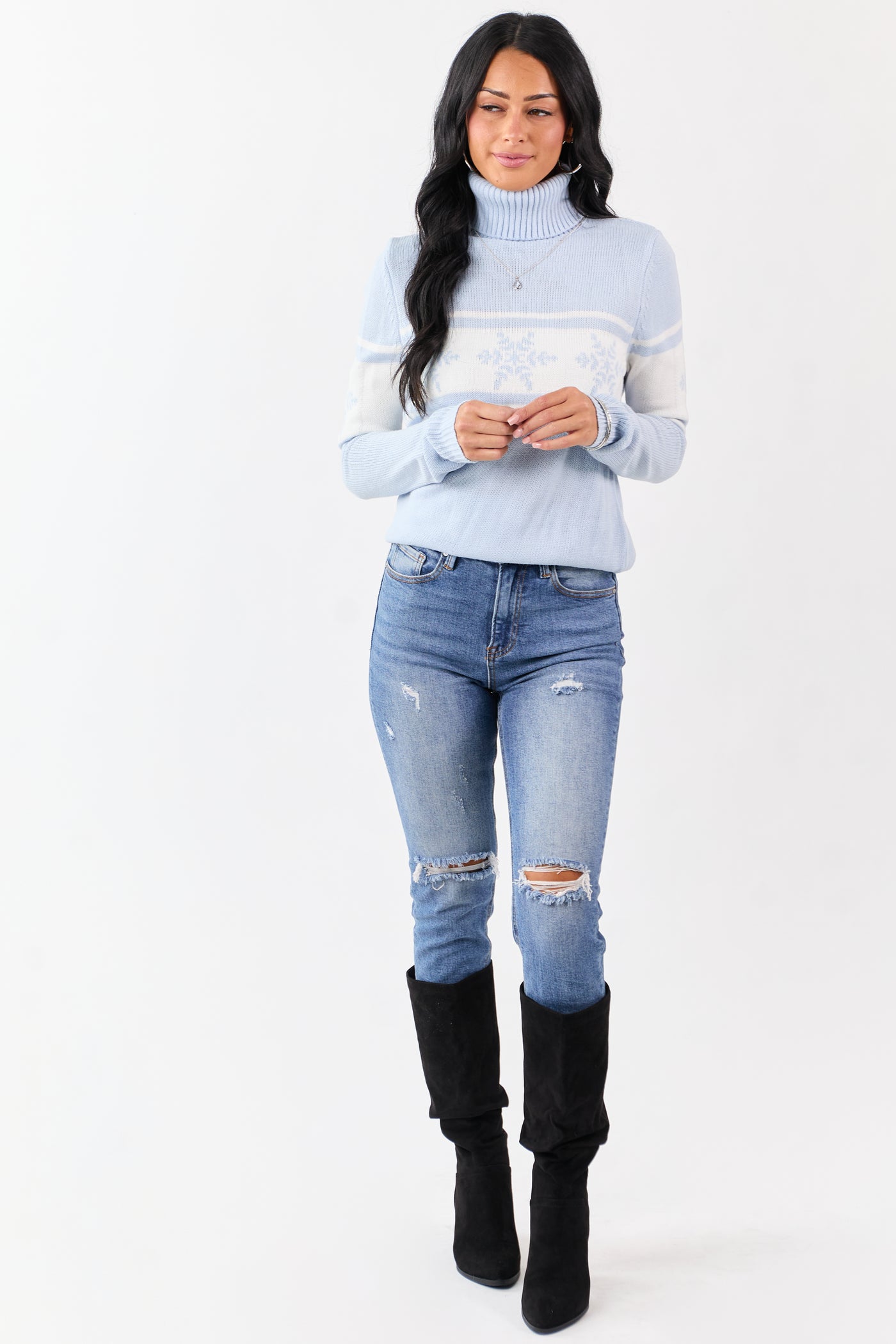 Baby Blue Snowflake Pattern Turtleneck Sweater