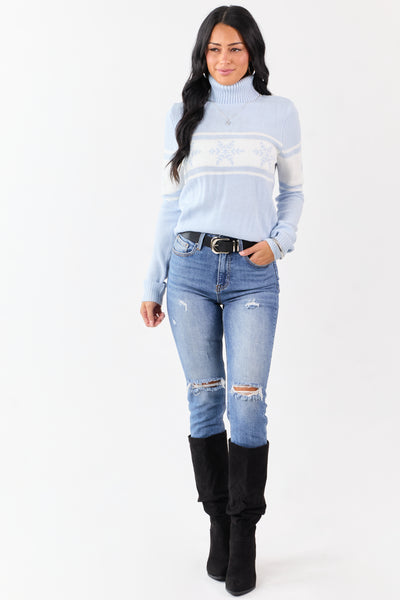 Baby Blue Snowflake Pattern Turtleneck Sweater