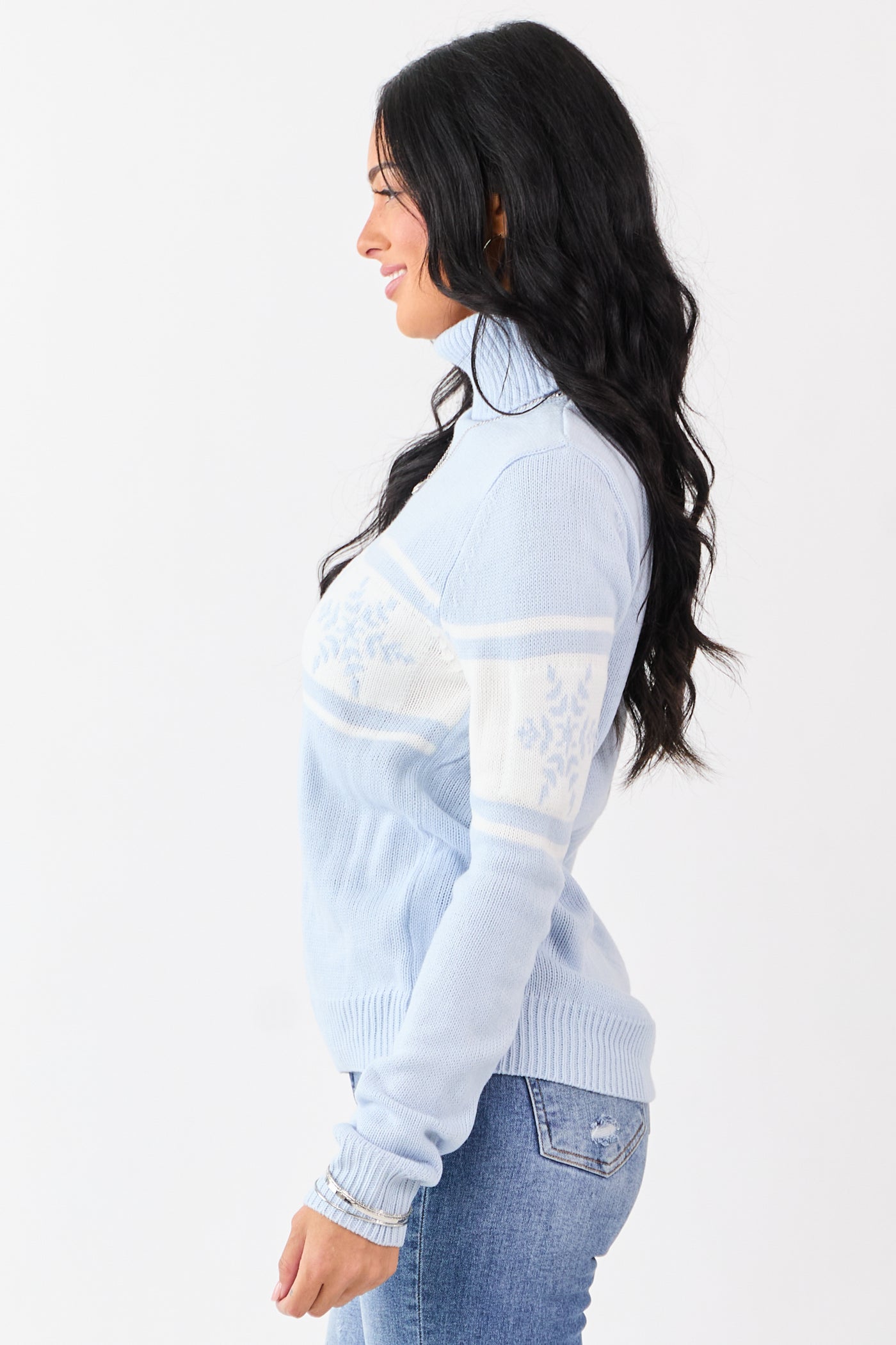 Baby Blue Snowflake Pattern Turtleneck Sweater