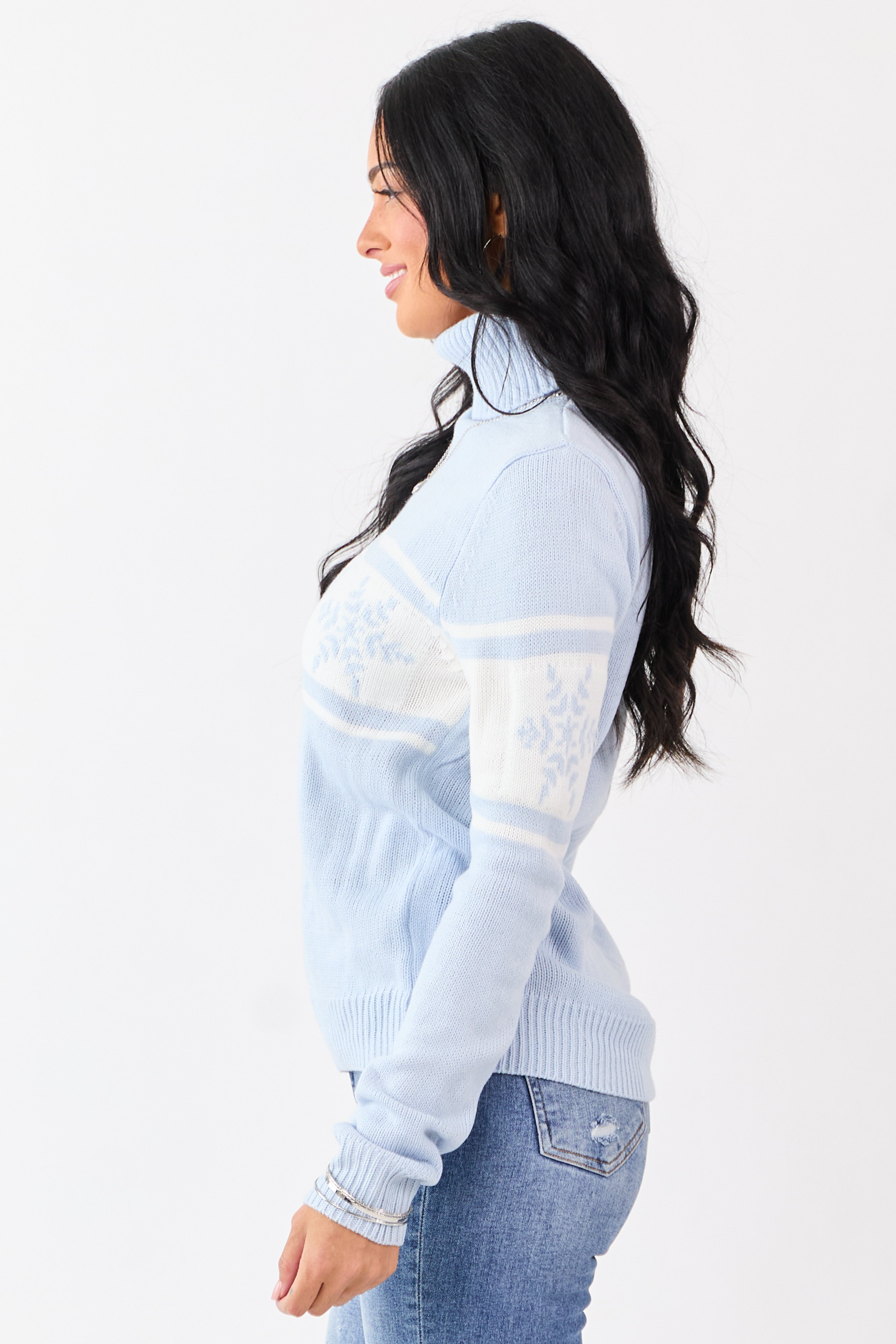 Baby Blue Snowflake Pattern Turtleneck Sweater