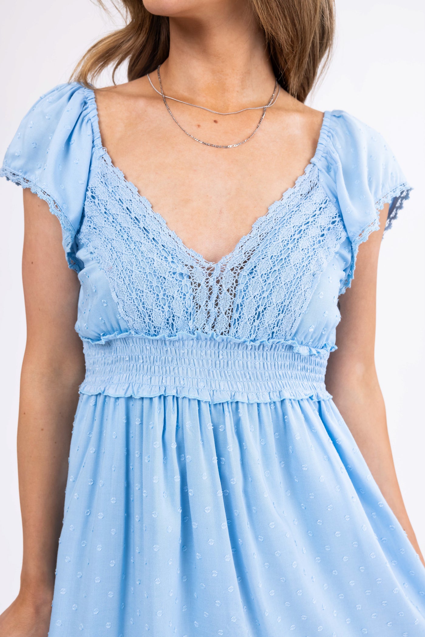Baby Blue Swiss Dot Lace Detail Mini Dress - S Baby Blue Swiss Dot Lace Detail Mini Dress - S