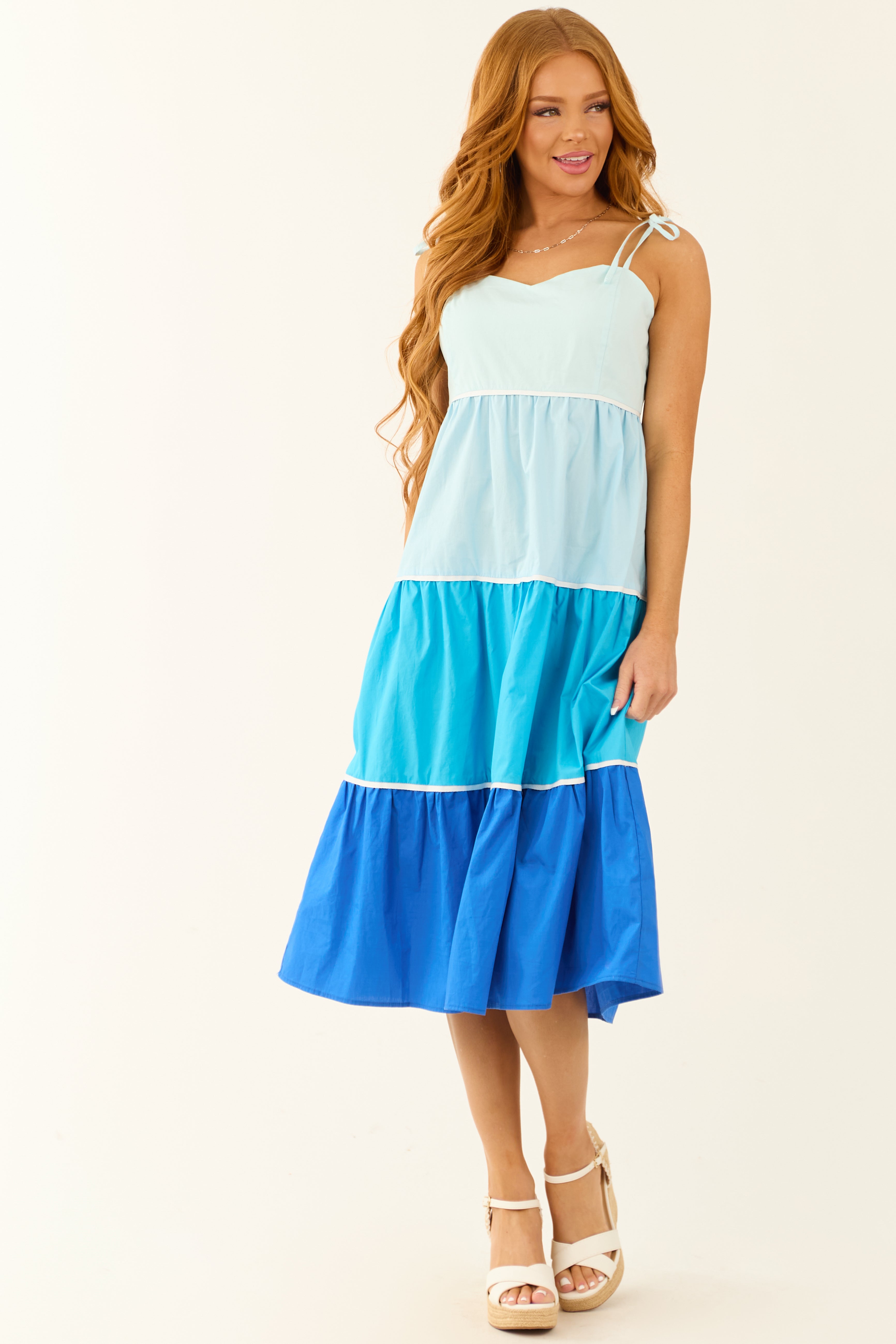 Baby Blue Tiered Colorblock Sleeveless Midi Dress - S Baby Blue Tiered Colorblock Sleeveless Midi Dress - S