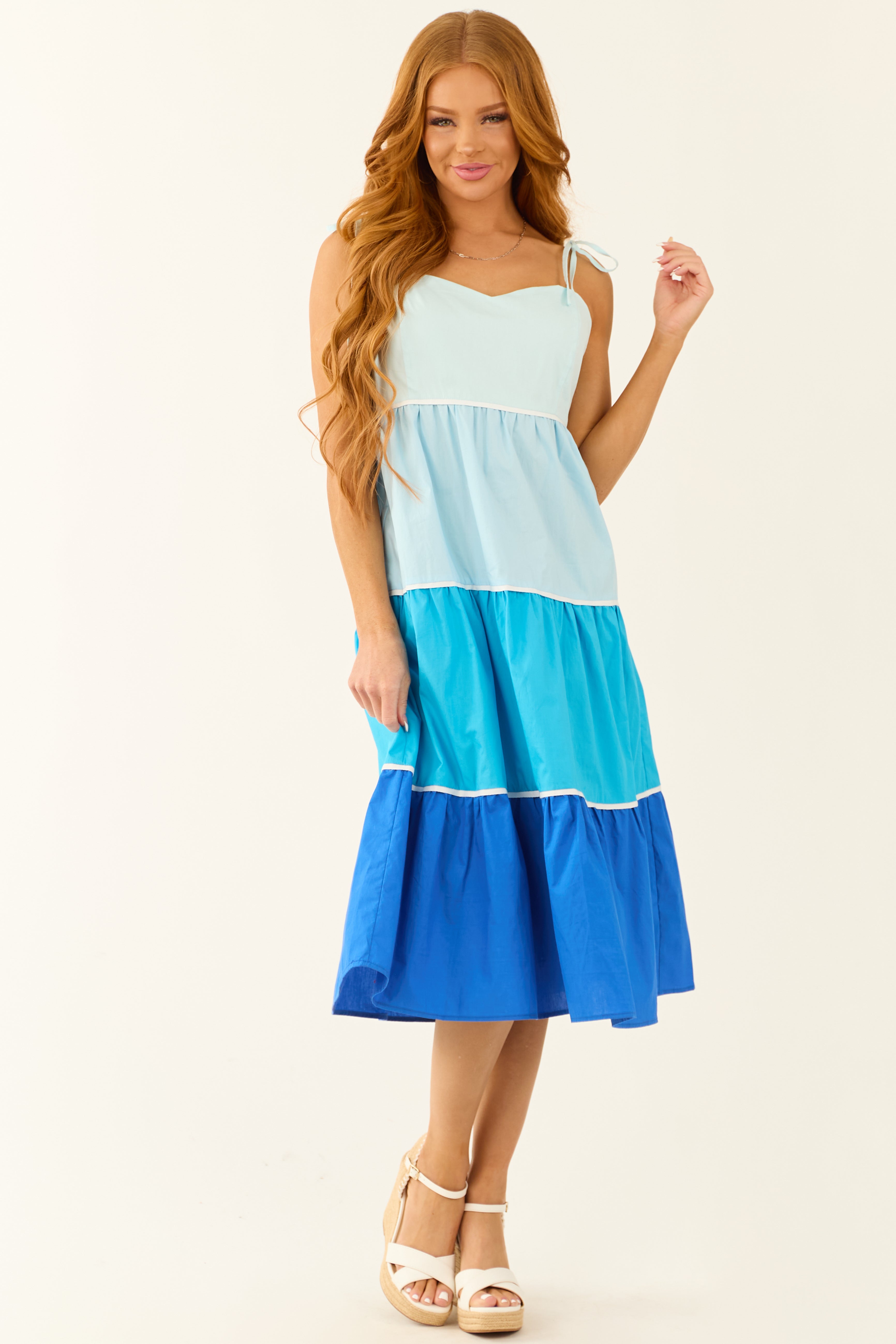 Baby Blue Tiered Colorblock Sleeveless Midi Dress Baby Blue Tiered Colorblock Sleeveless Midi Dress