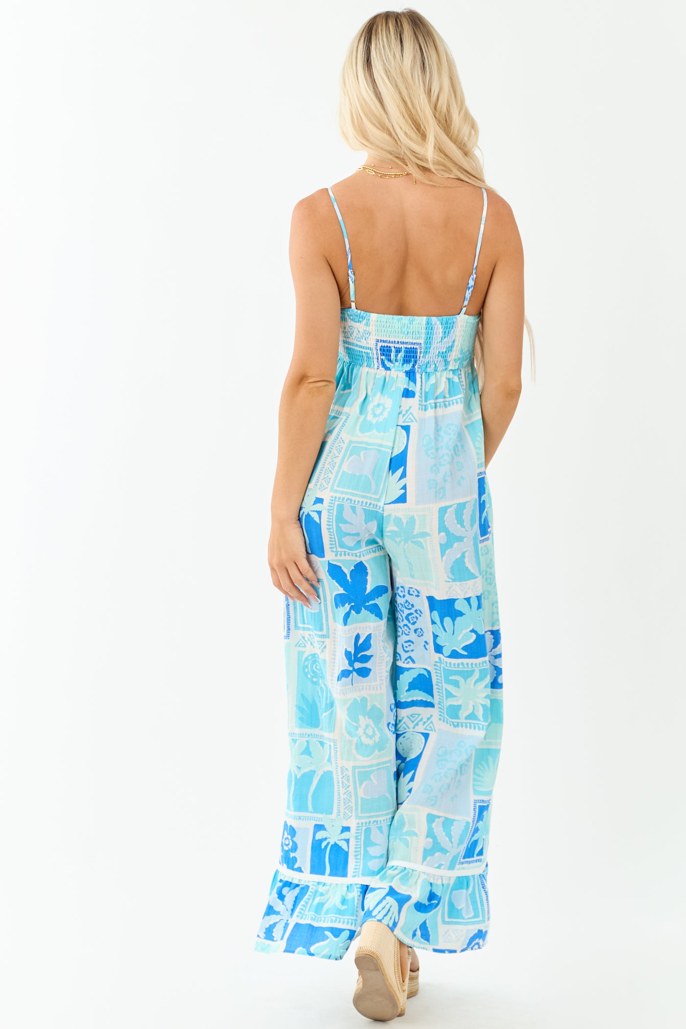 Baby Blue Tropical Print Wide Leg Jumpsuit