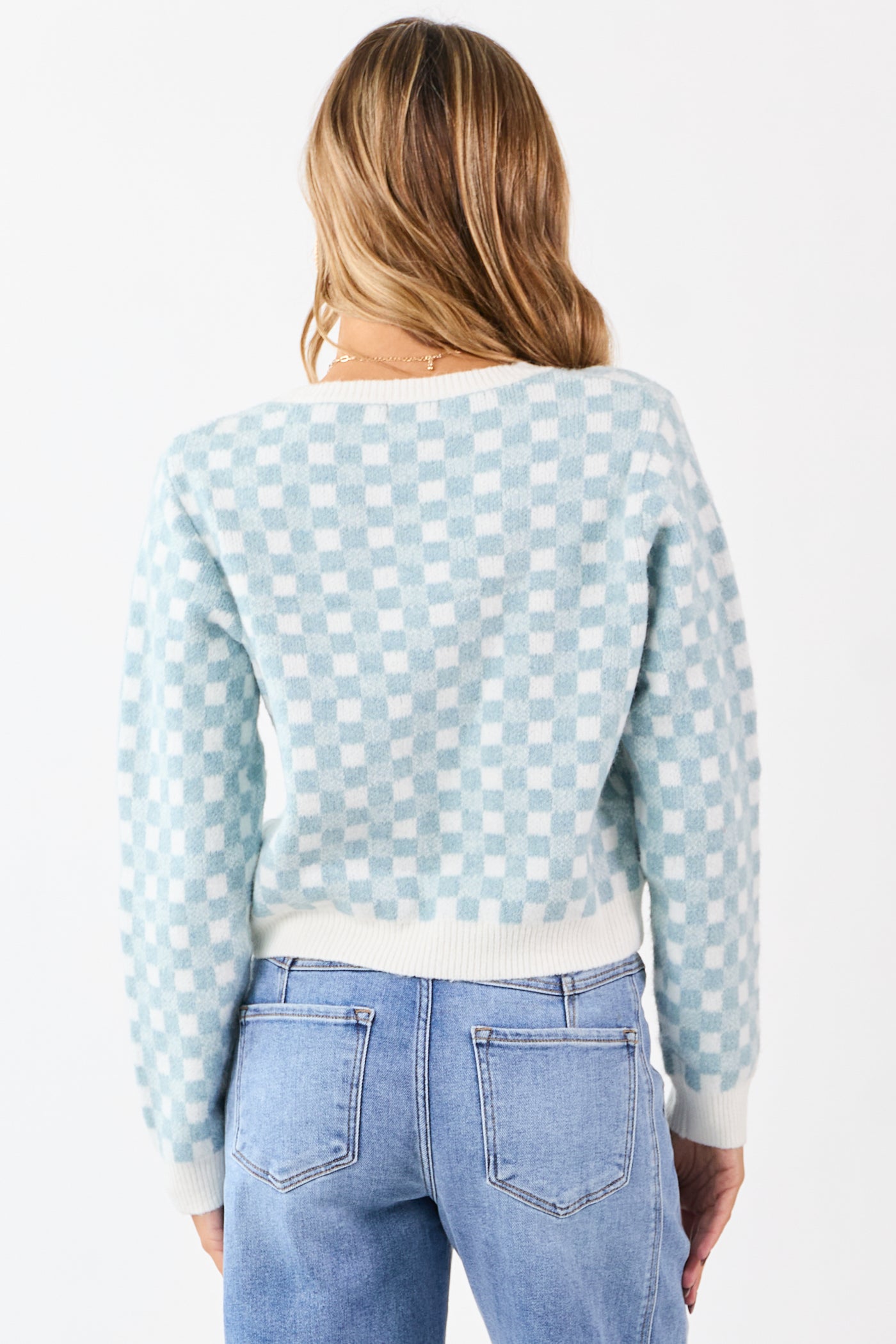 Baby Blue and Ivory Checkered Wool Blend Sweater