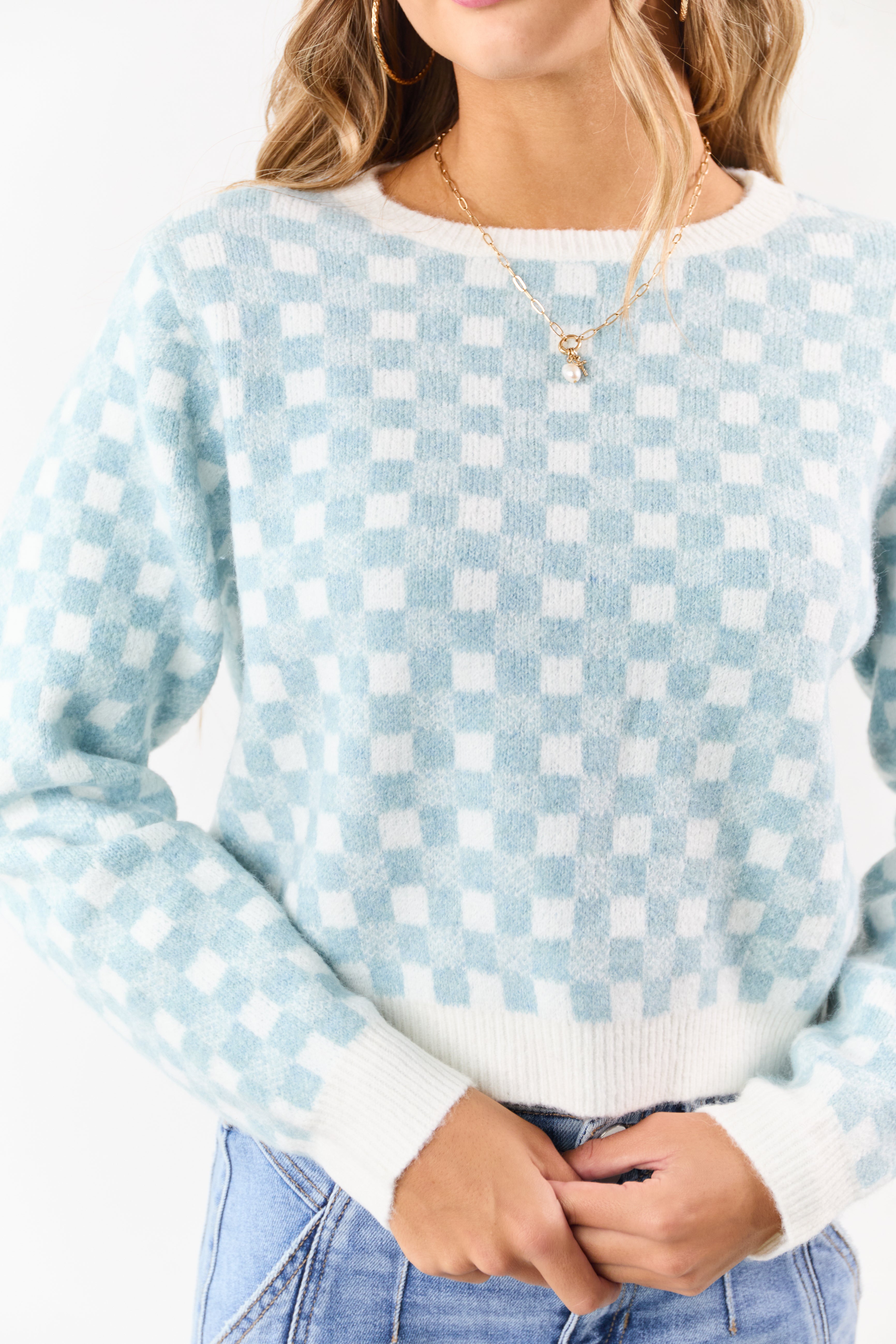 Baby Blue and Ivory Checkered Wool Blend Sweater