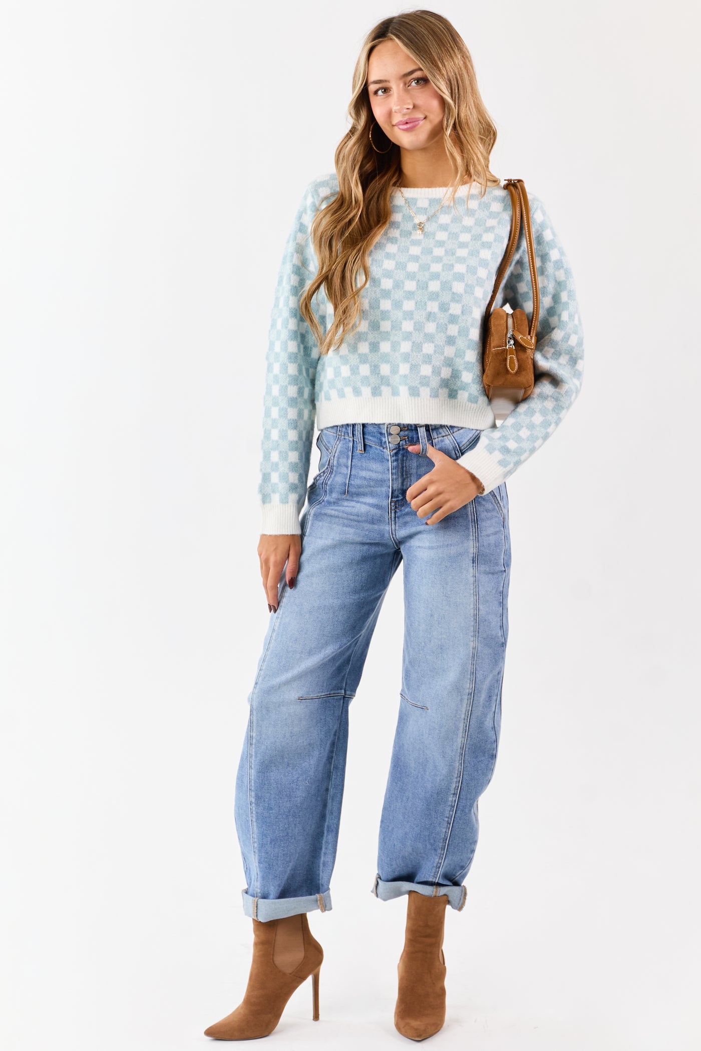 Baby Blue and Ivory Checkered Wool Blend Sweater