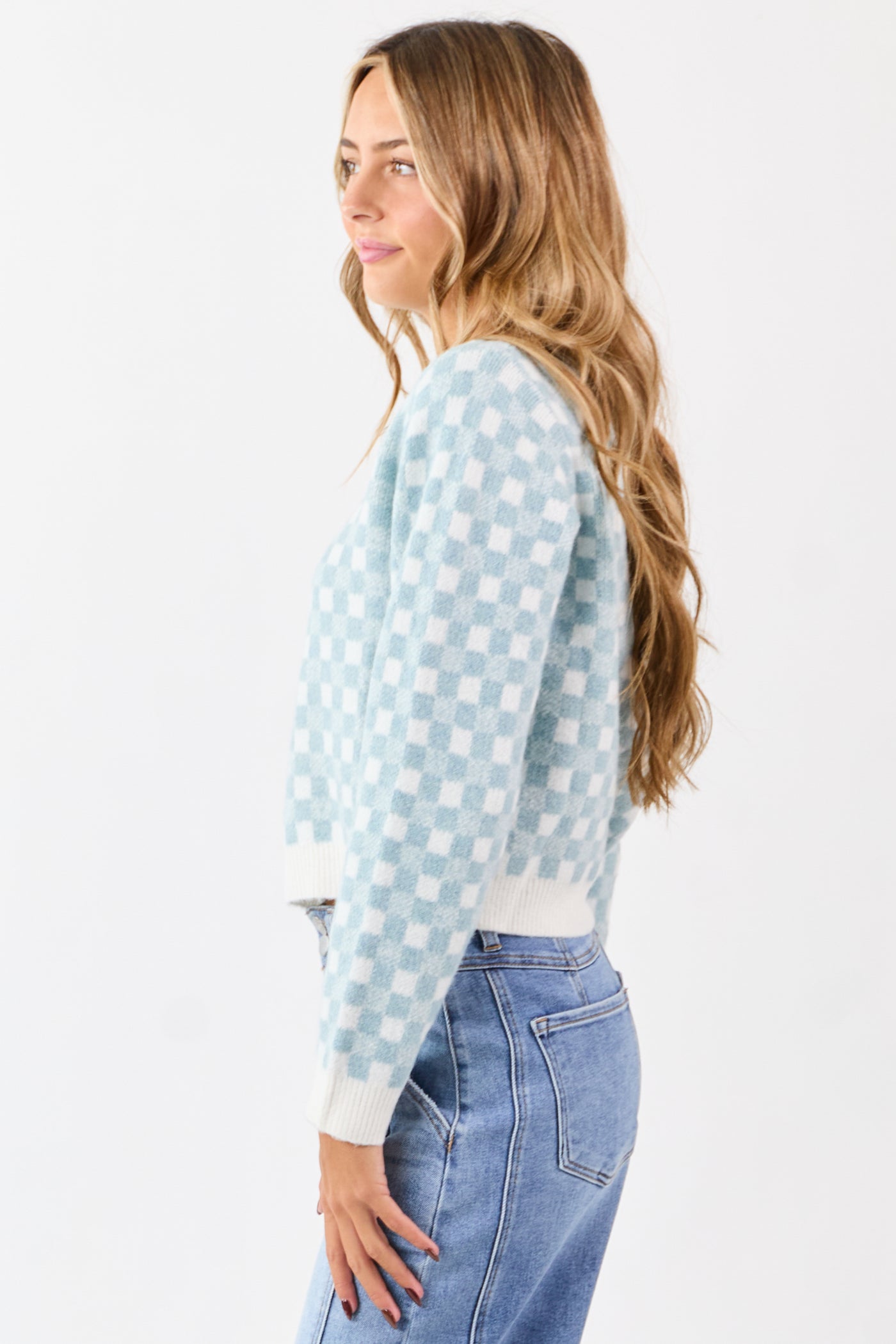 Baby Blue and Ivory Checkered Wool Blend Sweater