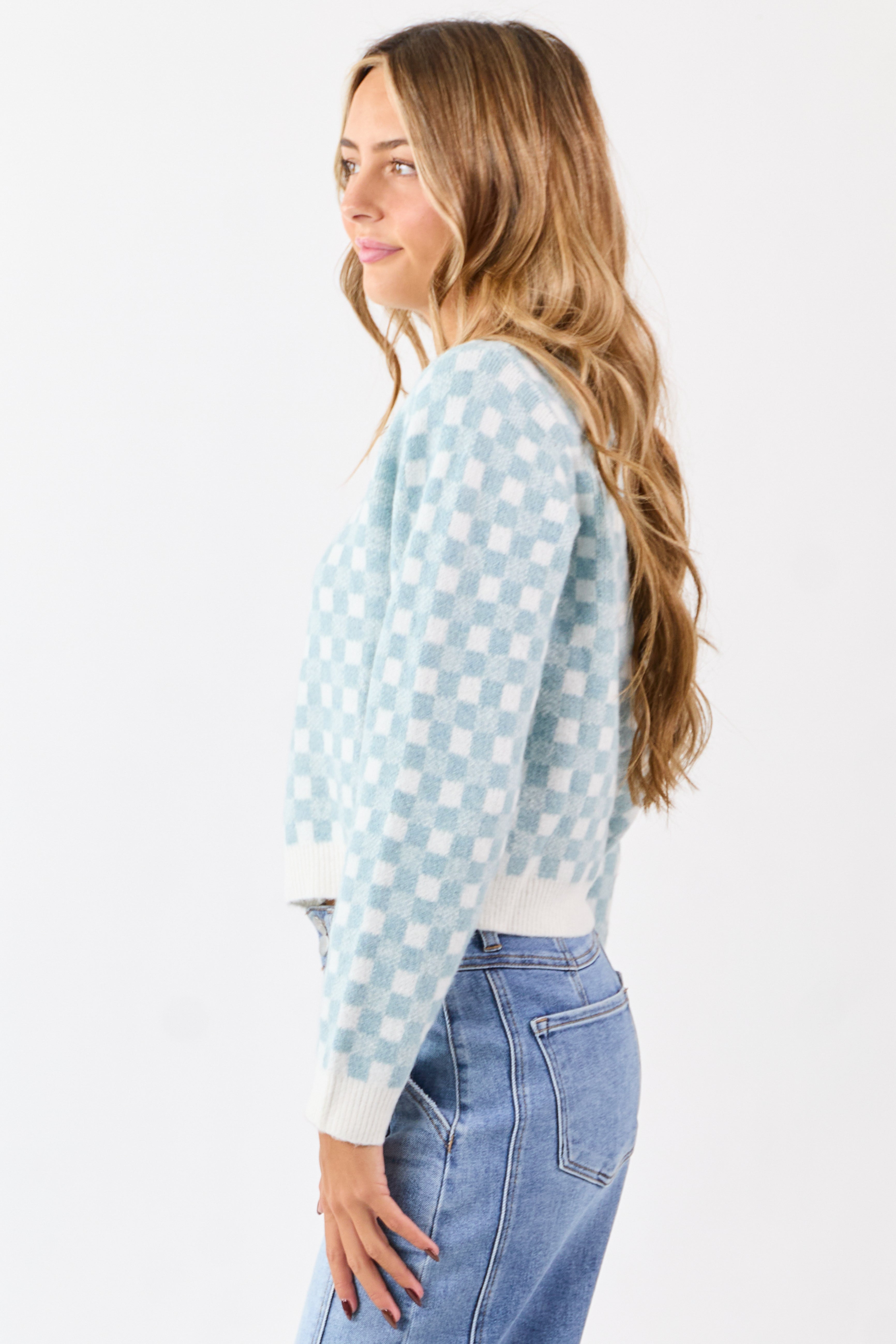 Baby Blue and Ivory Checkered Wool Blend Sweater