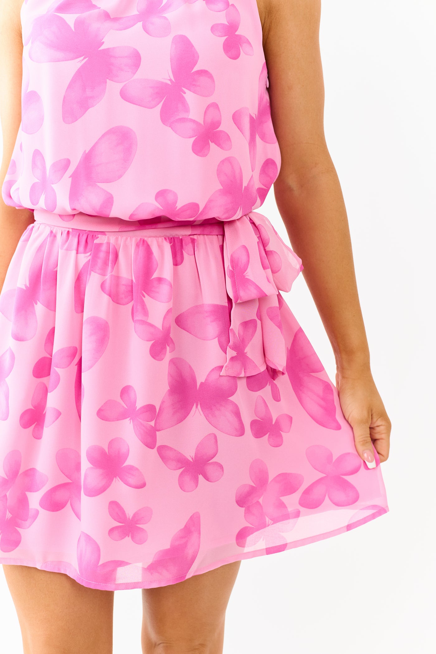 Baby Pink Butterfly Chiffon Waist Tie Mini Dress