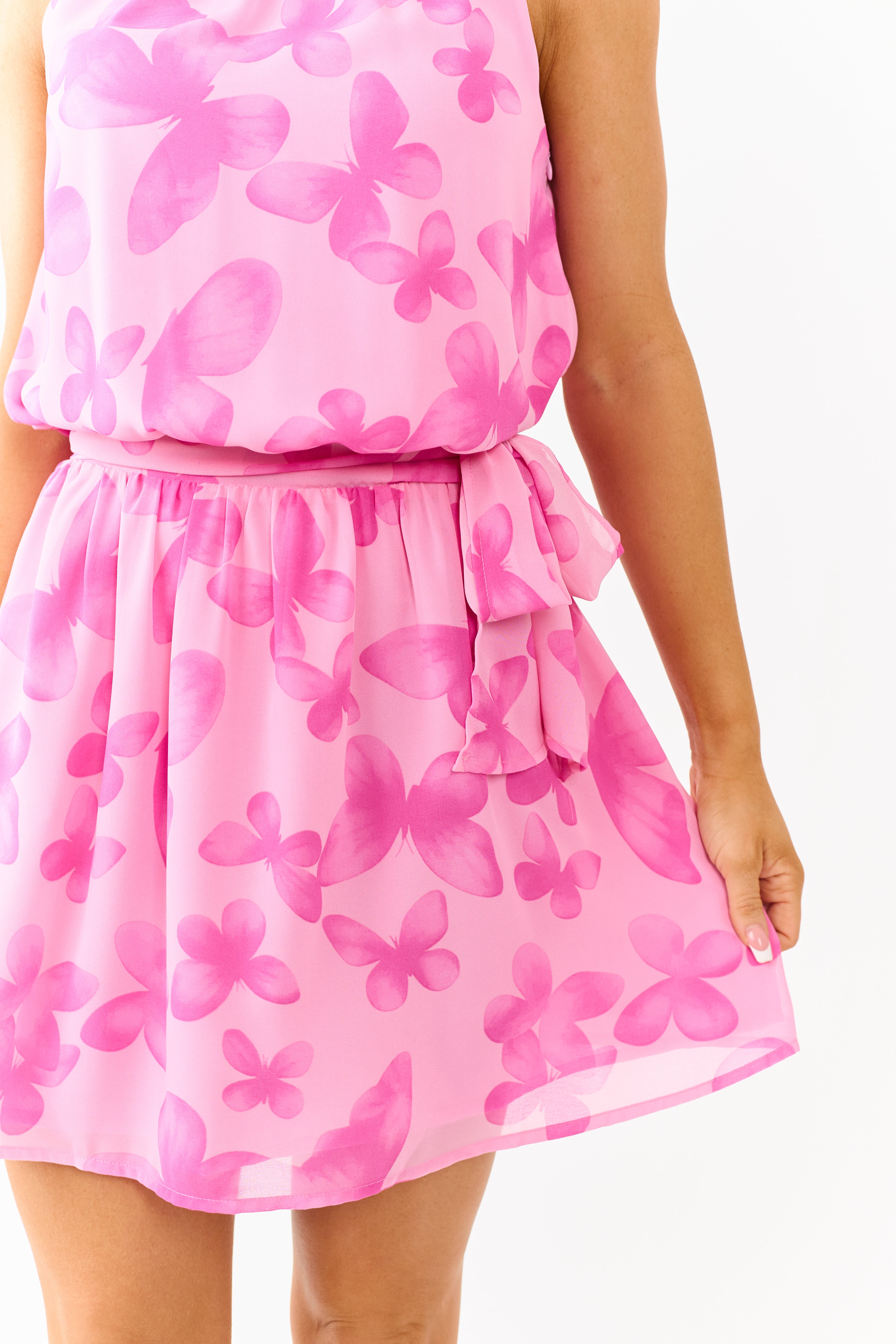 Baby Pink Butterfly Chiffon Waist Tie Mini Dress