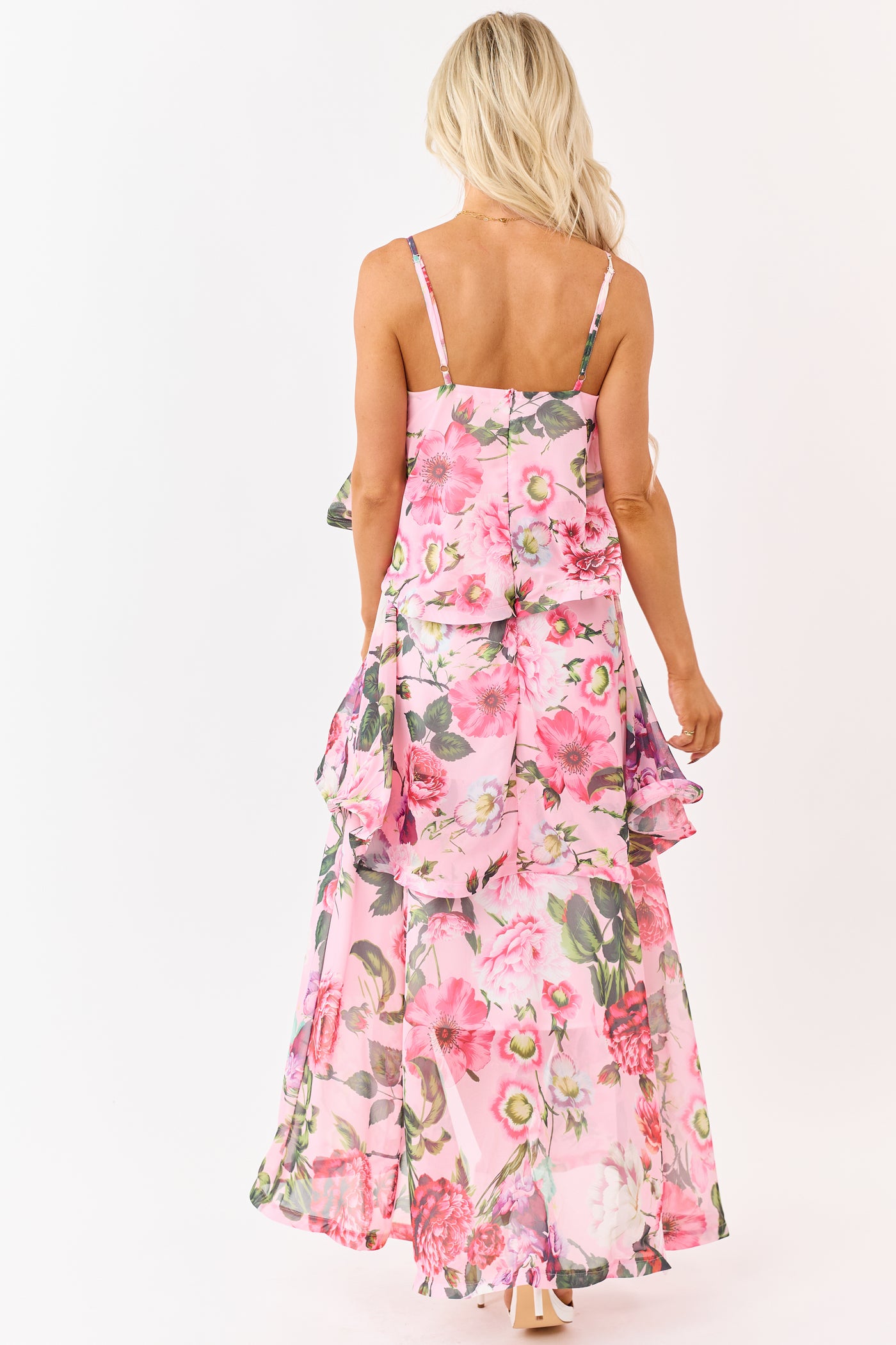 Baby Pink Chiffon Floral Print Tiered Maxi Dress Baby Pink Chiffon Floral Print Tiered Maxi Dress
