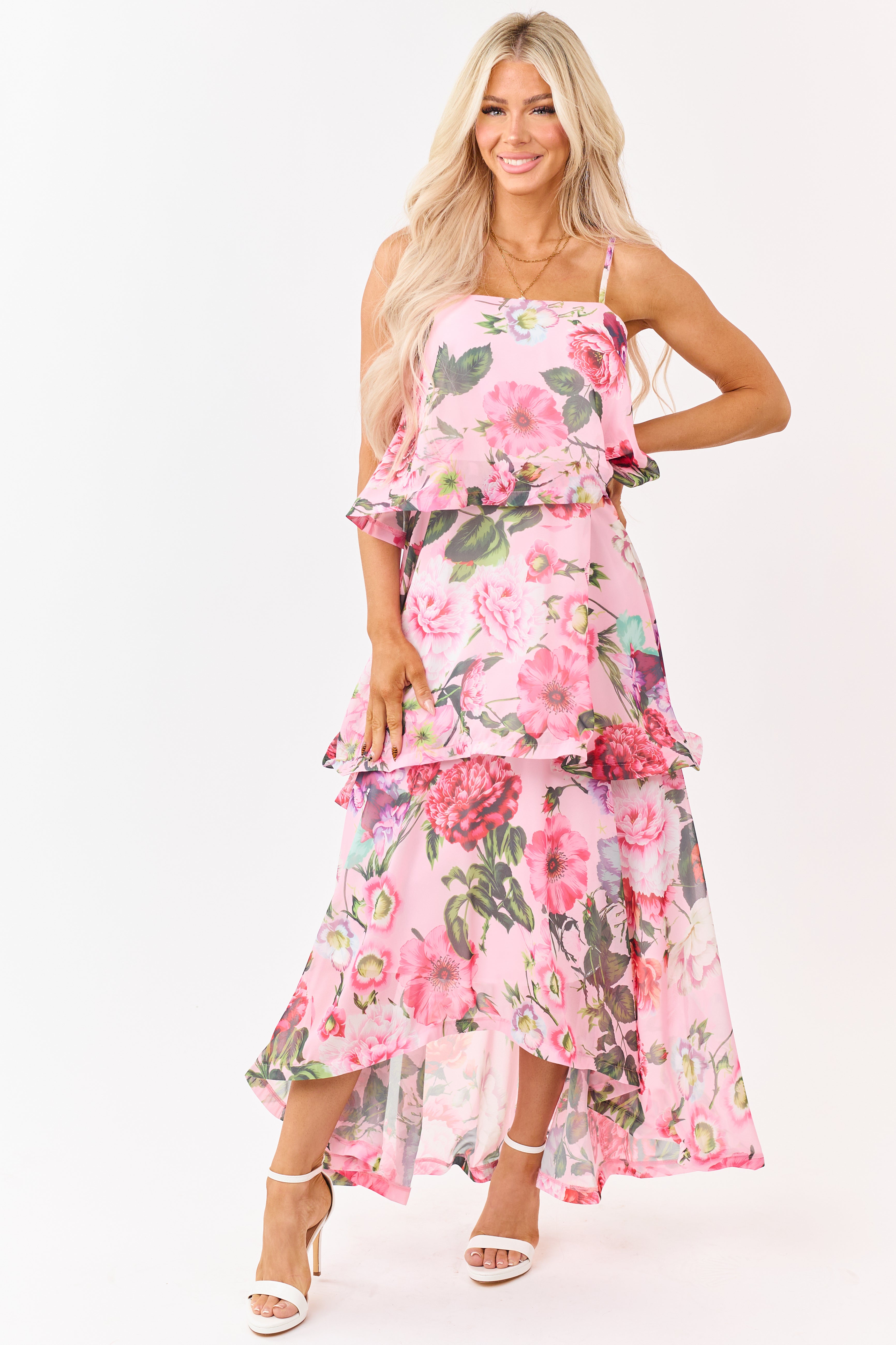 Baby Pink Chiffon Floral Print Tiered Maxi Dress Baby Pink Chiffon Floral Print Tiered Maxi Dress