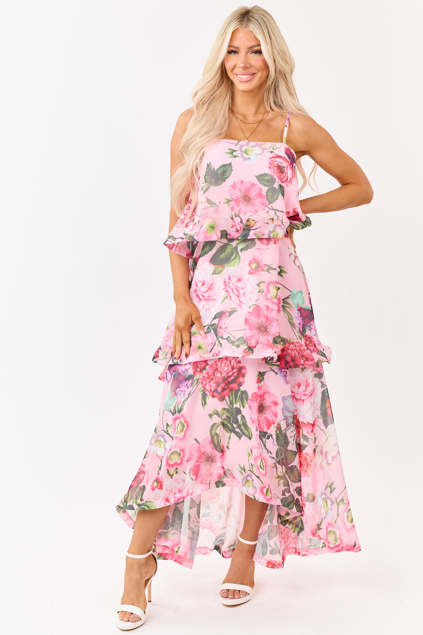 Baby Pink Chiffon Floral Print Tiered Maxi Dress