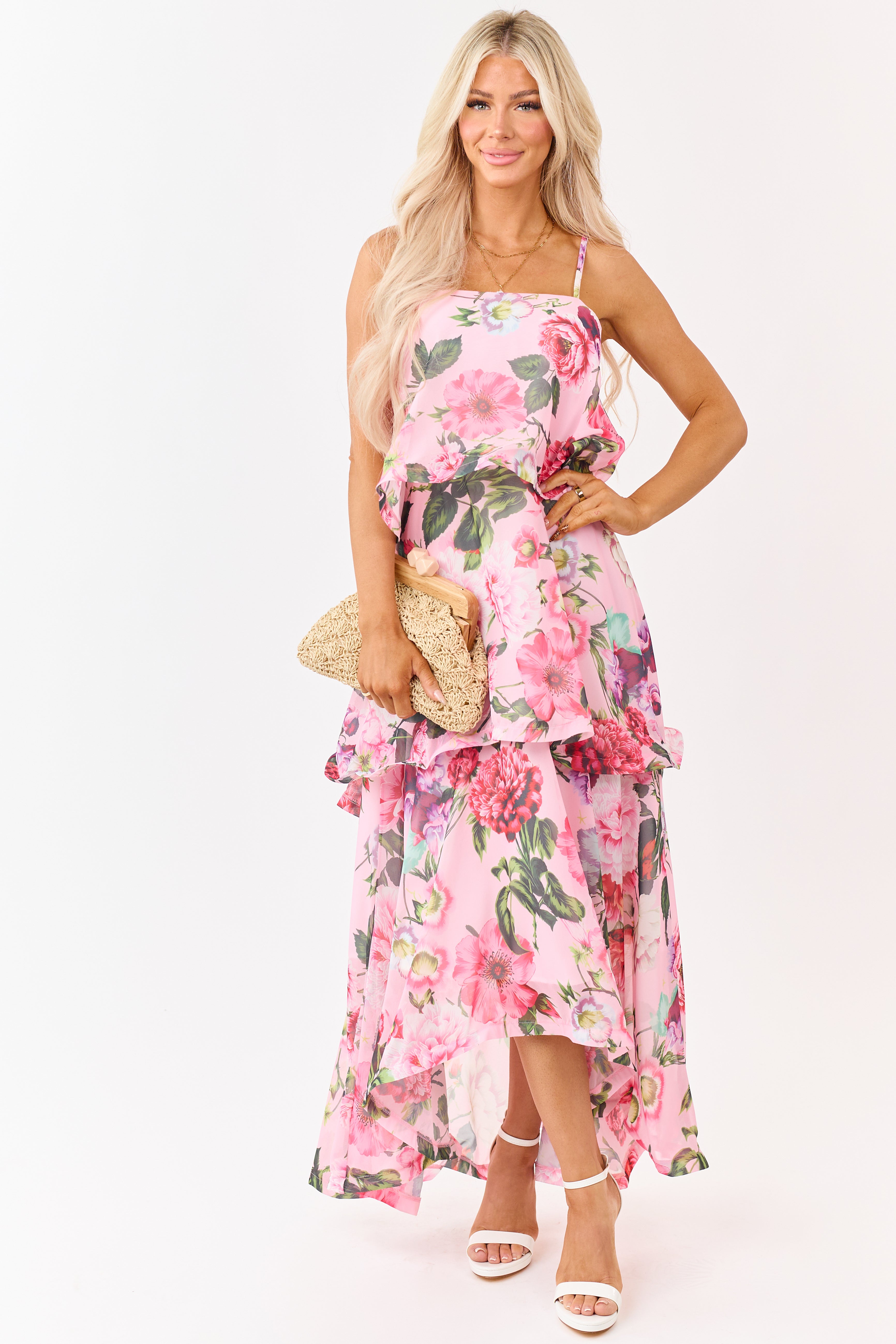 Baby Pink Chiffon Floral Print Tiered Maxi Dress | Lime Lush Boutique