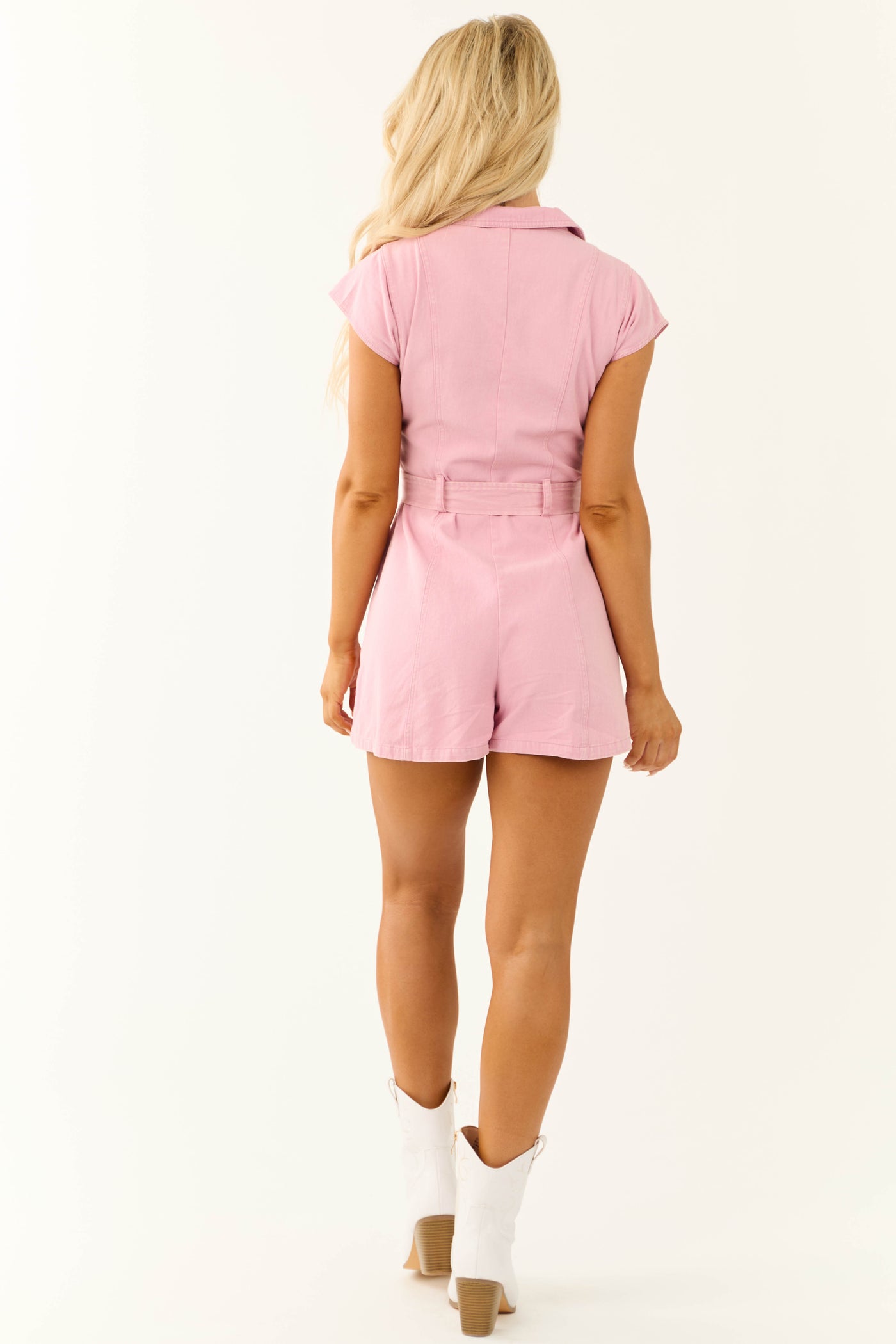 Baby Pink Collared Zip Up Denim Romper | Lime Lush Boutique