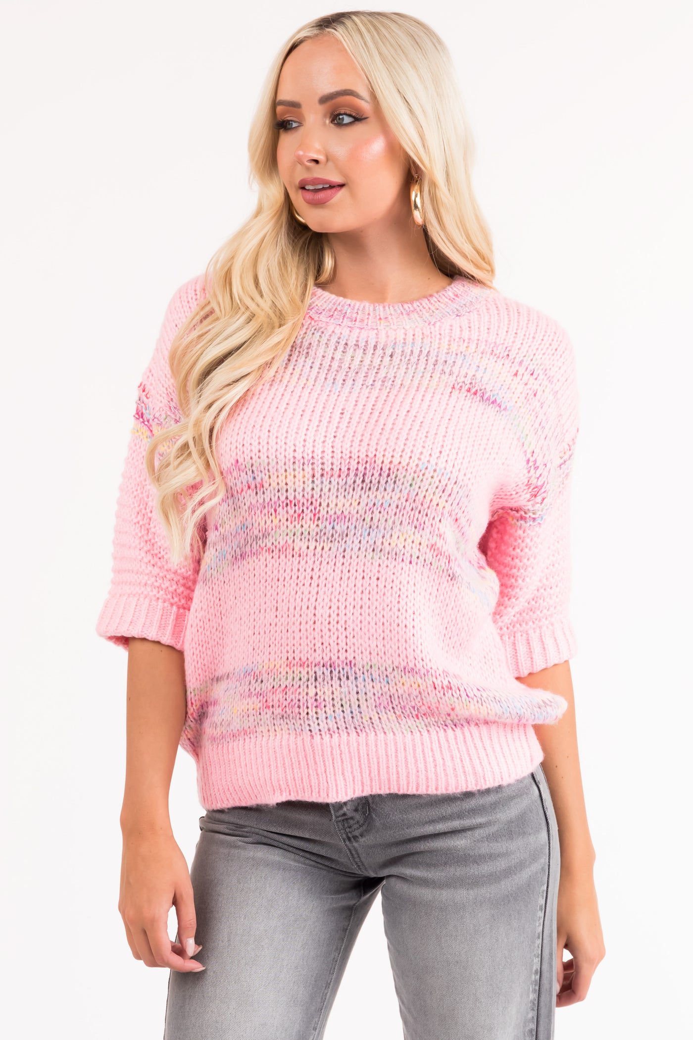 Baby Pink Colorful Stripe Half Sleeve Sweater