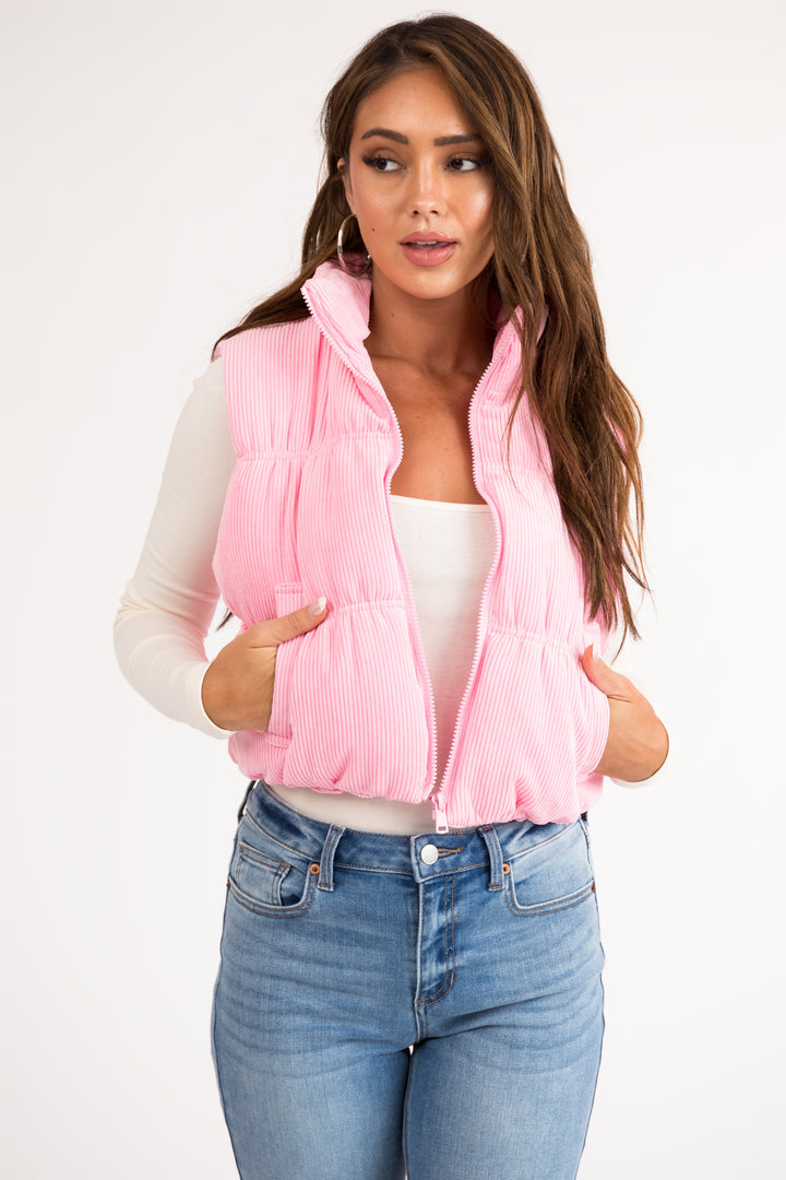 Baby Pink Corduroy Zip Up Puffer Vest with Pockets