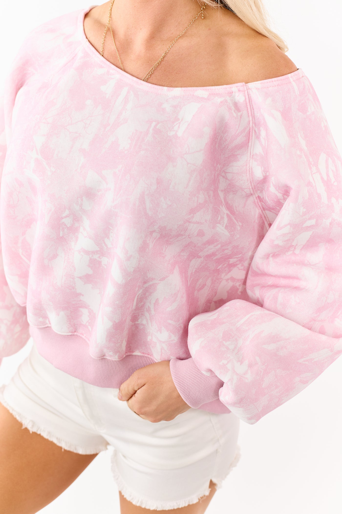 Baby Pink Faded Camo Print Off Shoulder Sweatshirt