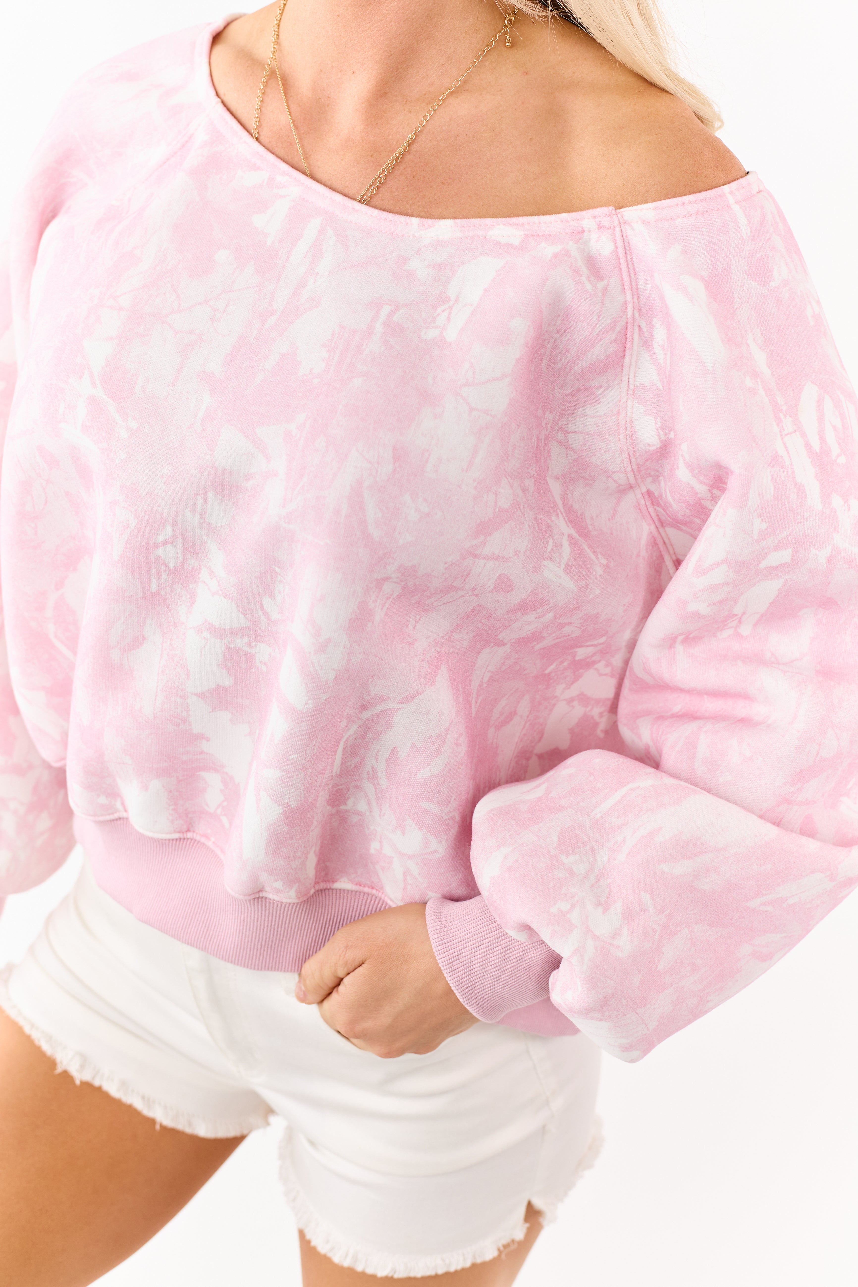 Baby Pink Faded Camo Print Off Shoulder Sweatshirt