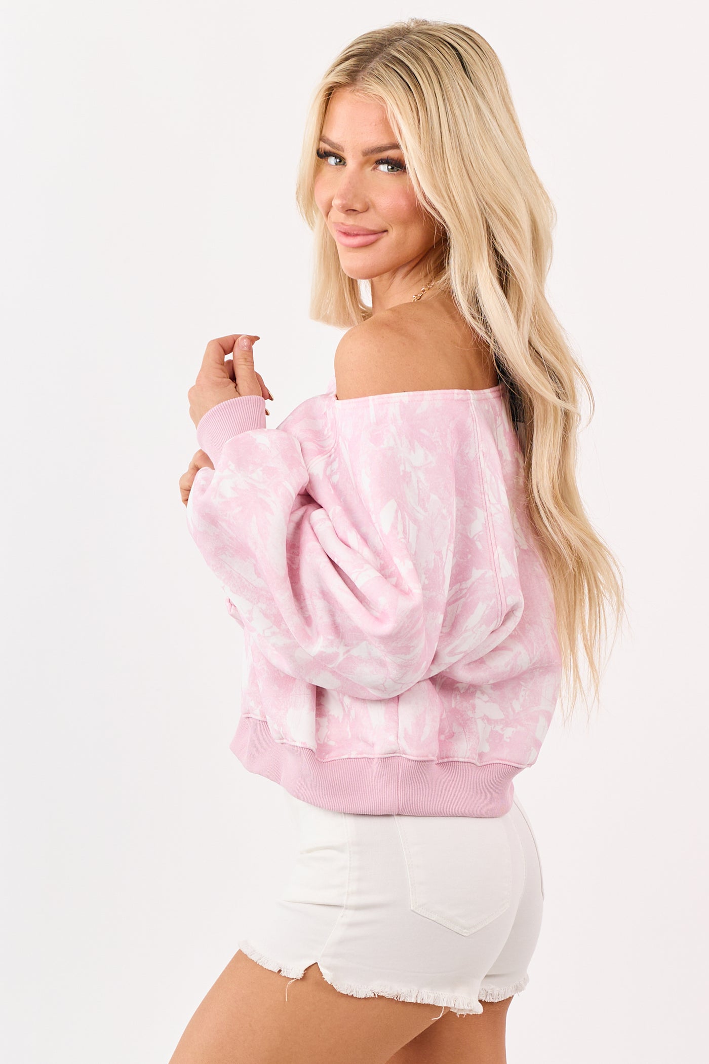 Baby Pink Faded Camo Print Off Shoulder Sweatshirt