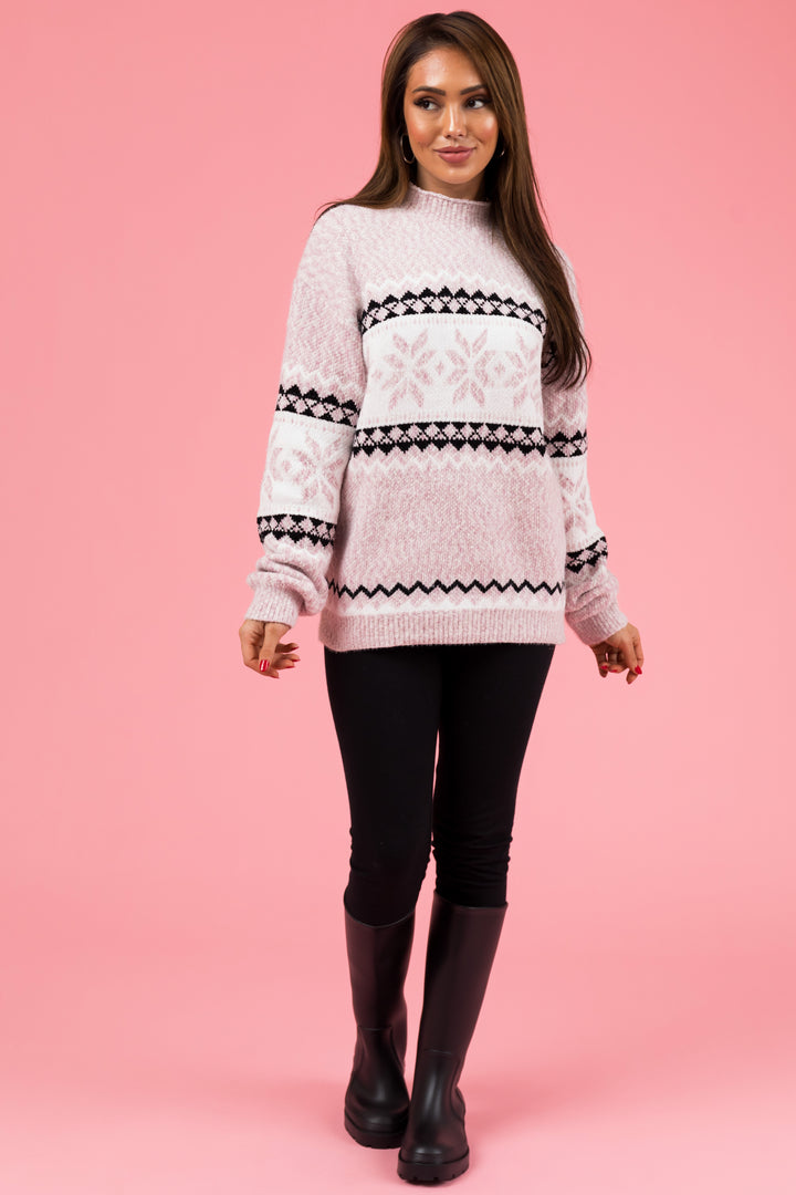 Baby Pink Fair Isle Snowflake Chenille Sweater